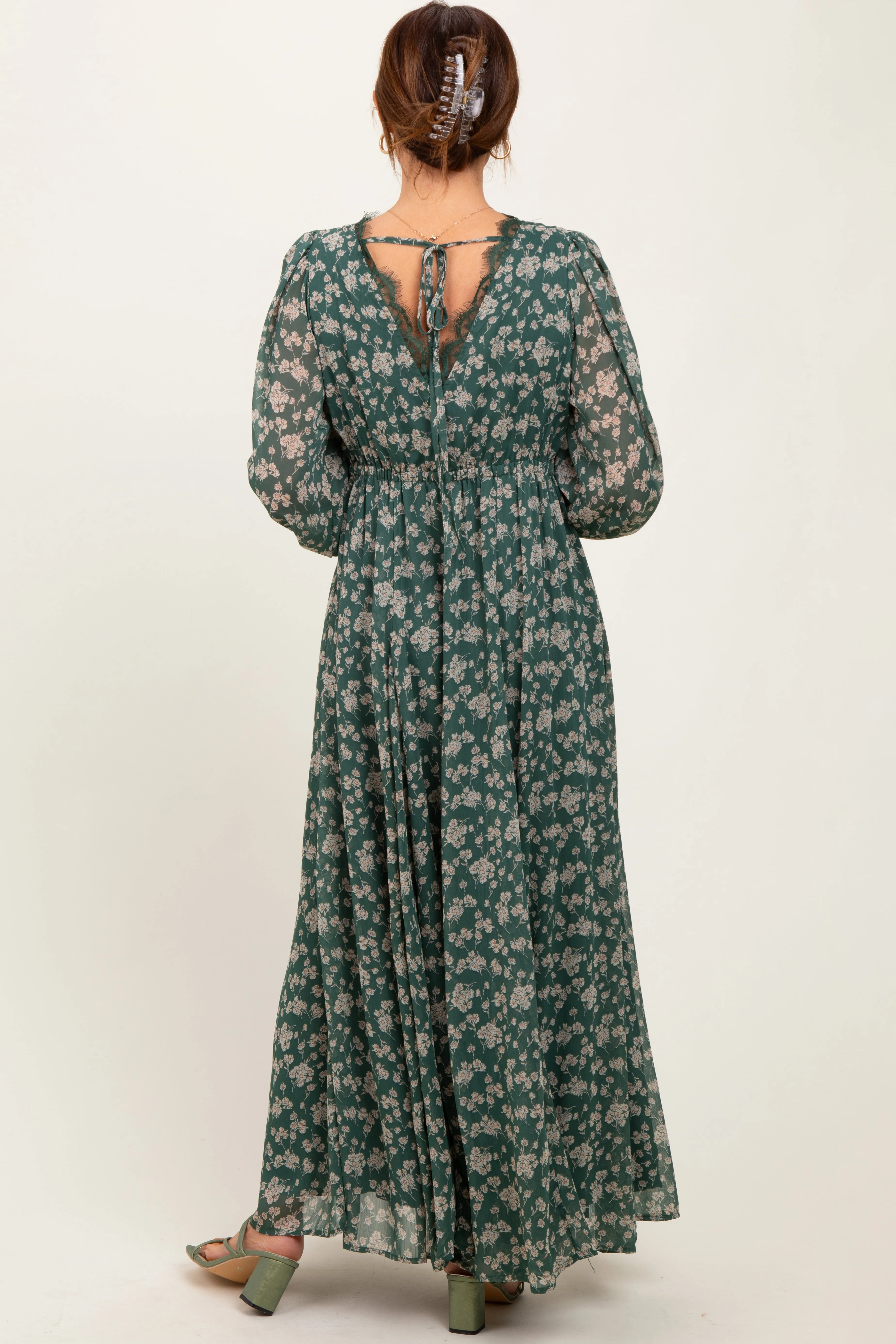 Green Floral Chiffon Lace Trim Back Tie Maxi Dress sold by Pinkblush product image thumbnail 3