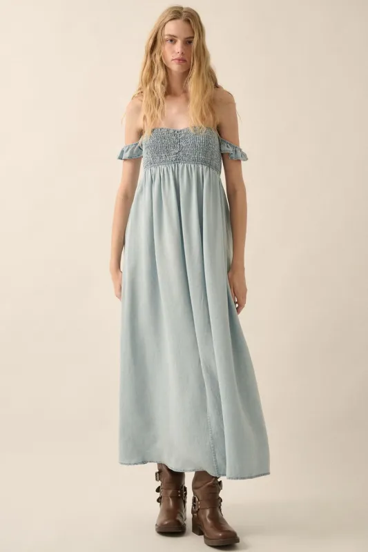 Light Chambray Smocked Denim Off-Shoulder Maxi Dress sold by Pinkblush