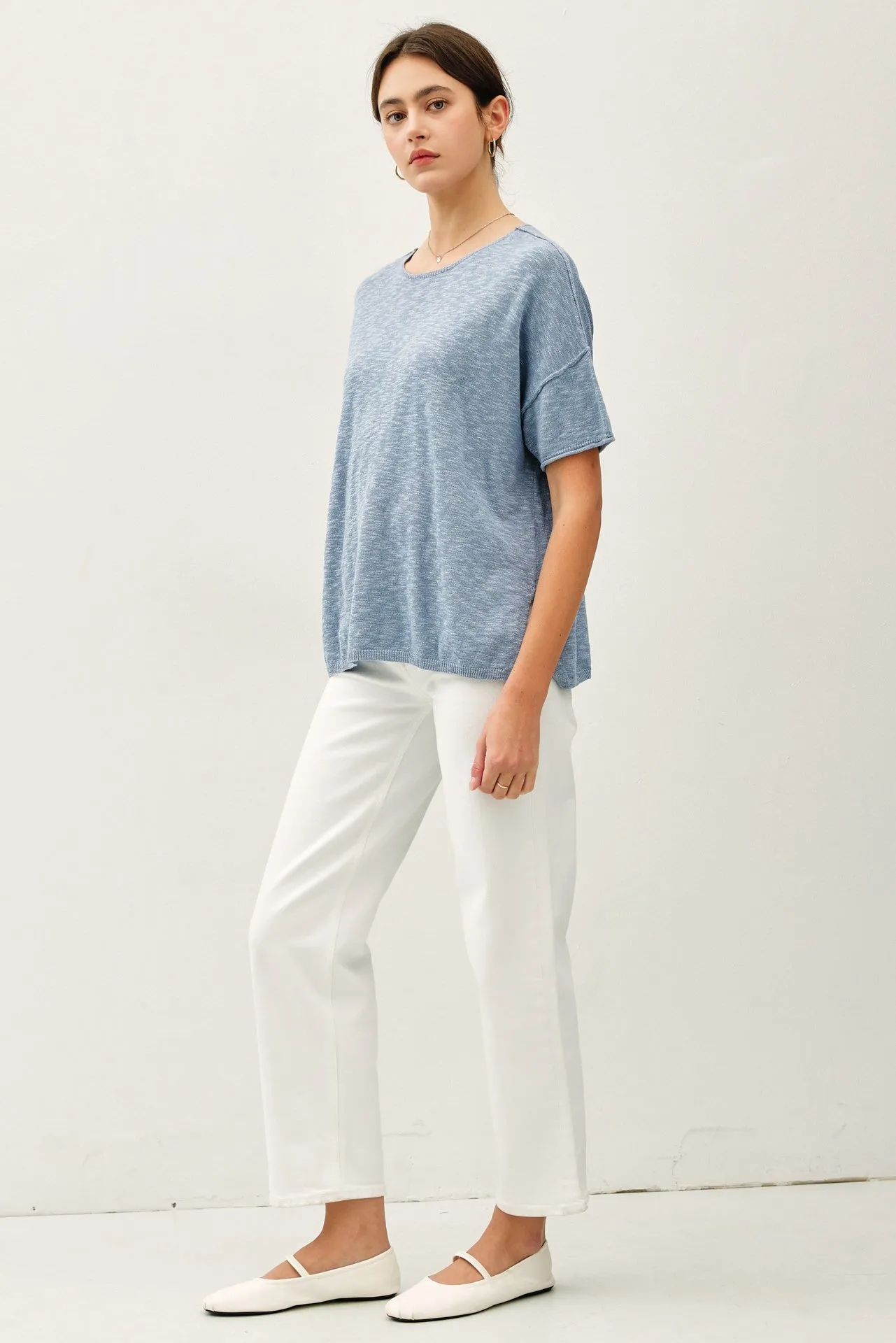 Blue Knit Drop Shoulder Short Sleeve Top sold by Pinkblush product image thumbnail 3