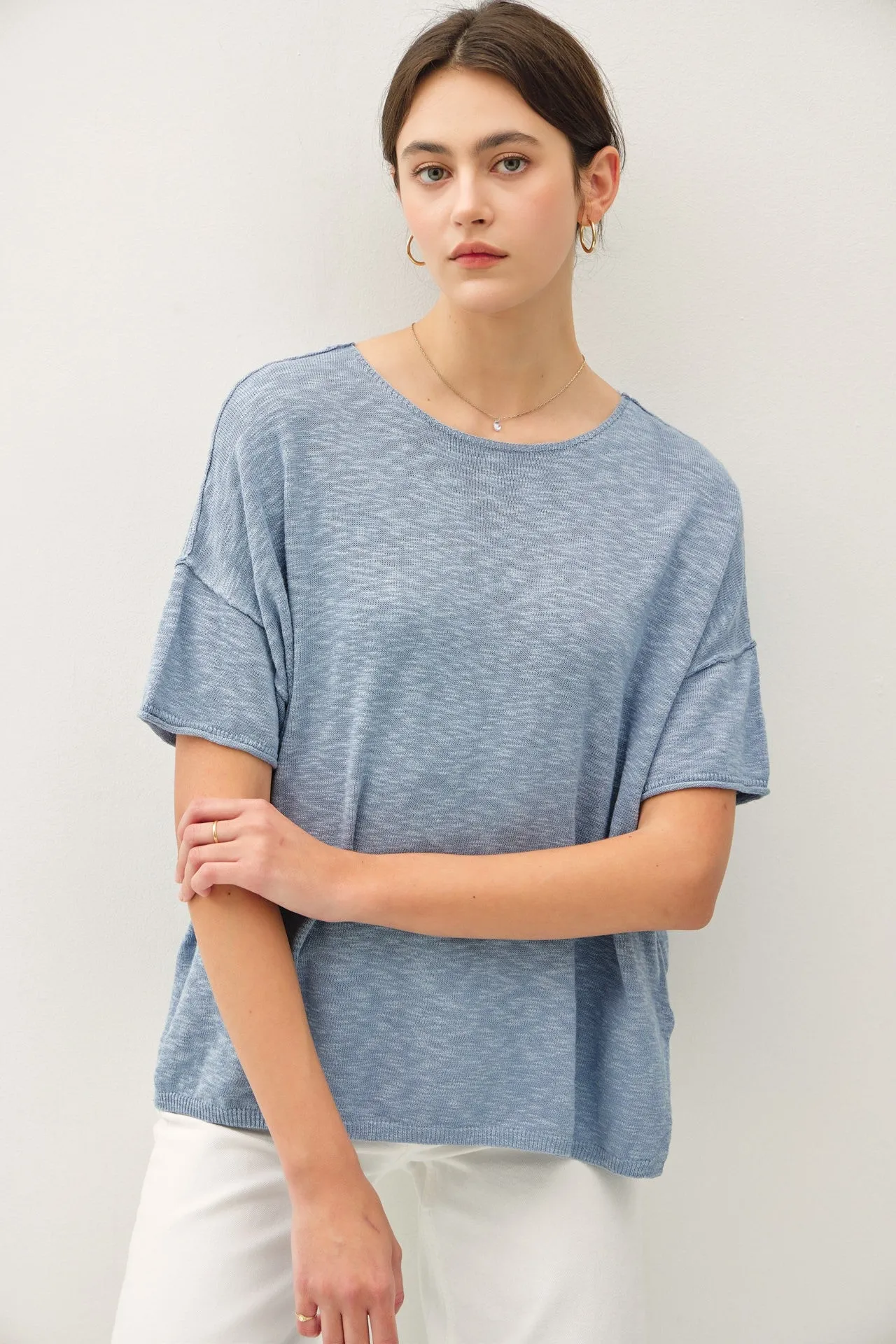 Blue Knit Drop Shoulder Short Sleeve Top sold by Pinkblush