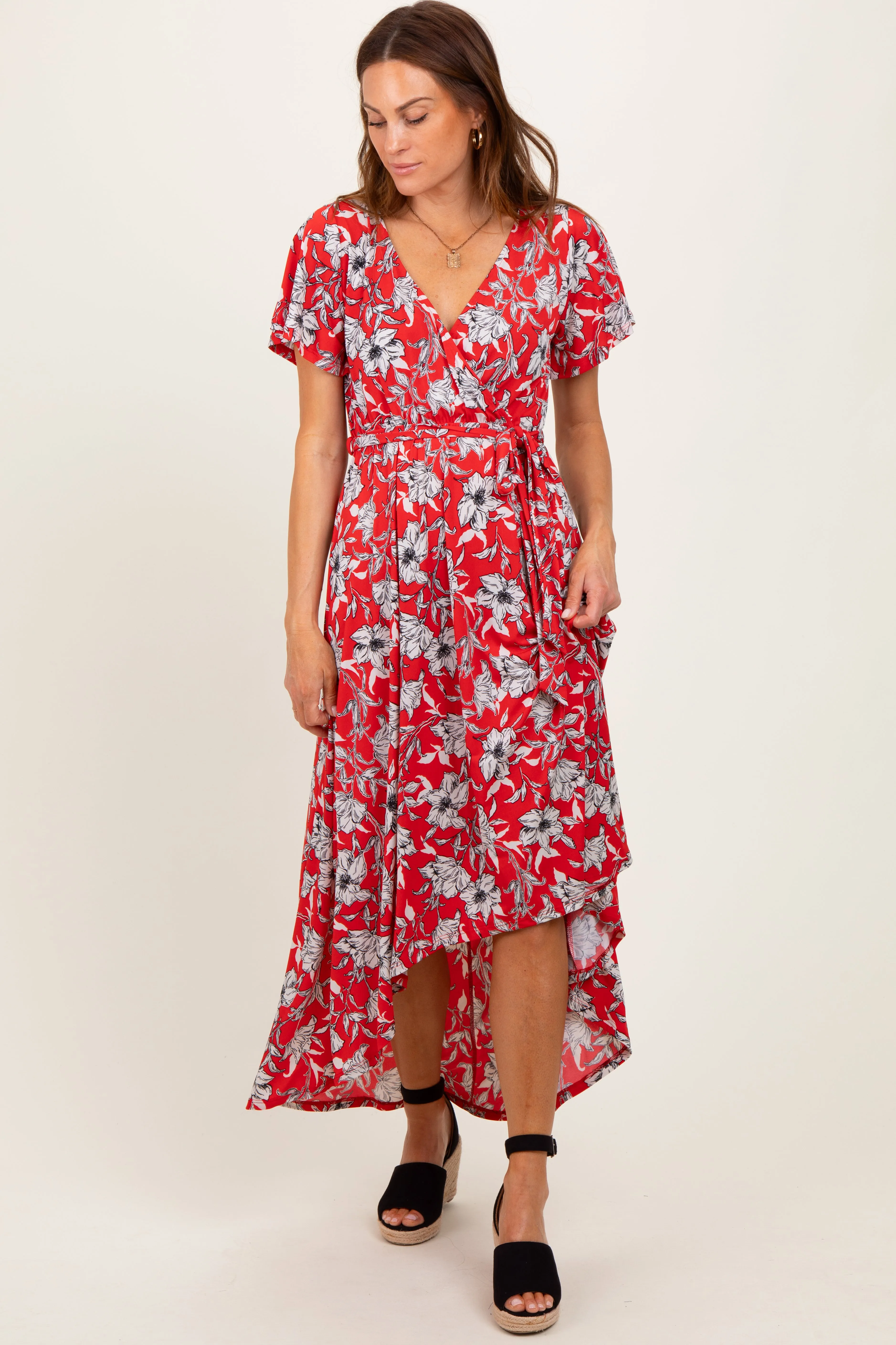 Red Floral Sash Tie Wrap Hi-Low Dress sold by Pinkblush