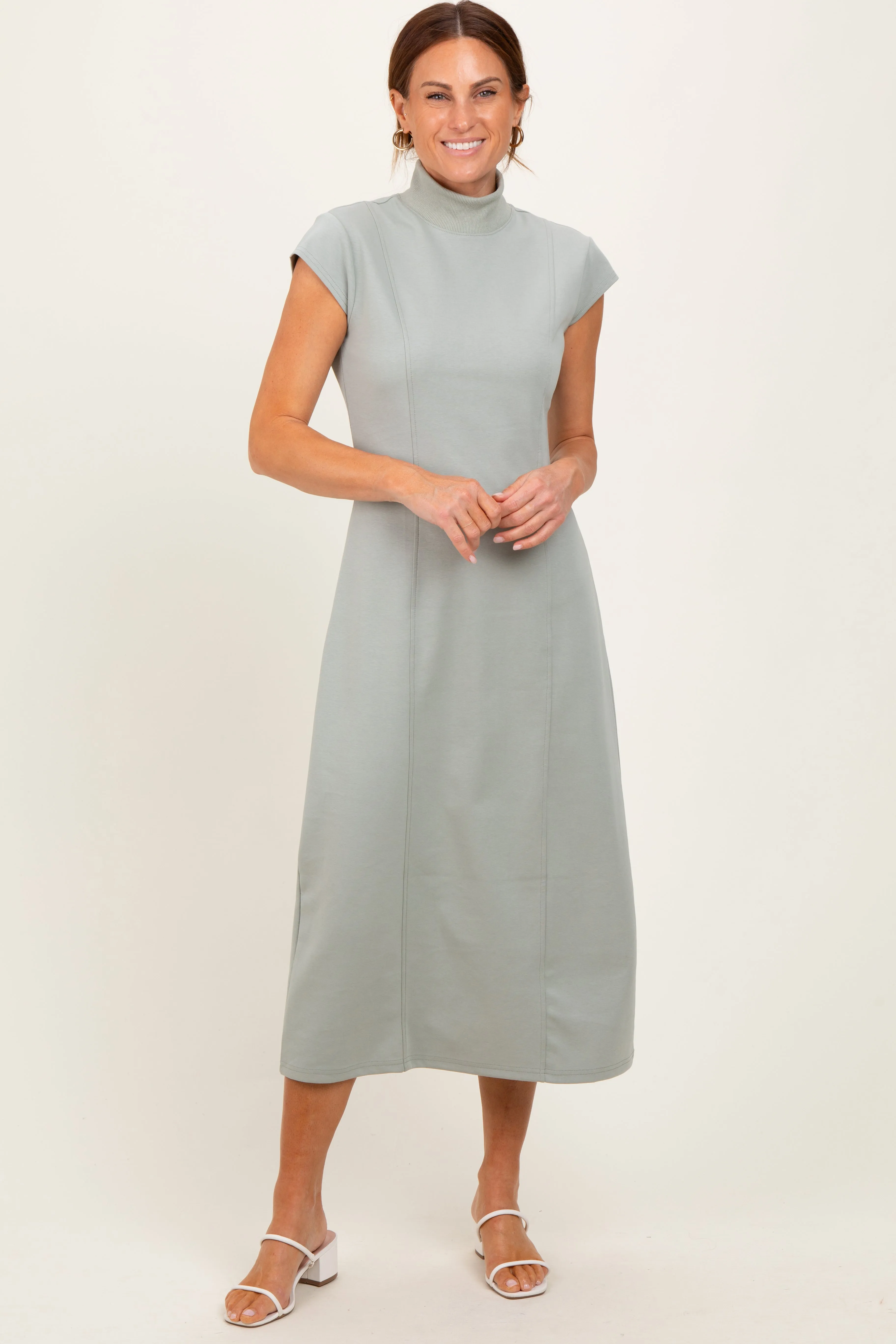 Light Olive Mock Neck Short Sleeve Midi Dress sold by Pinkblush product image thumbnail 2