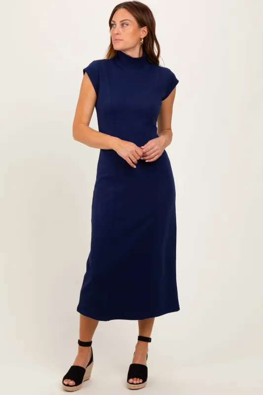 Navy Mock Neck Short Sleeve Midi Dress sold by Pinkblush