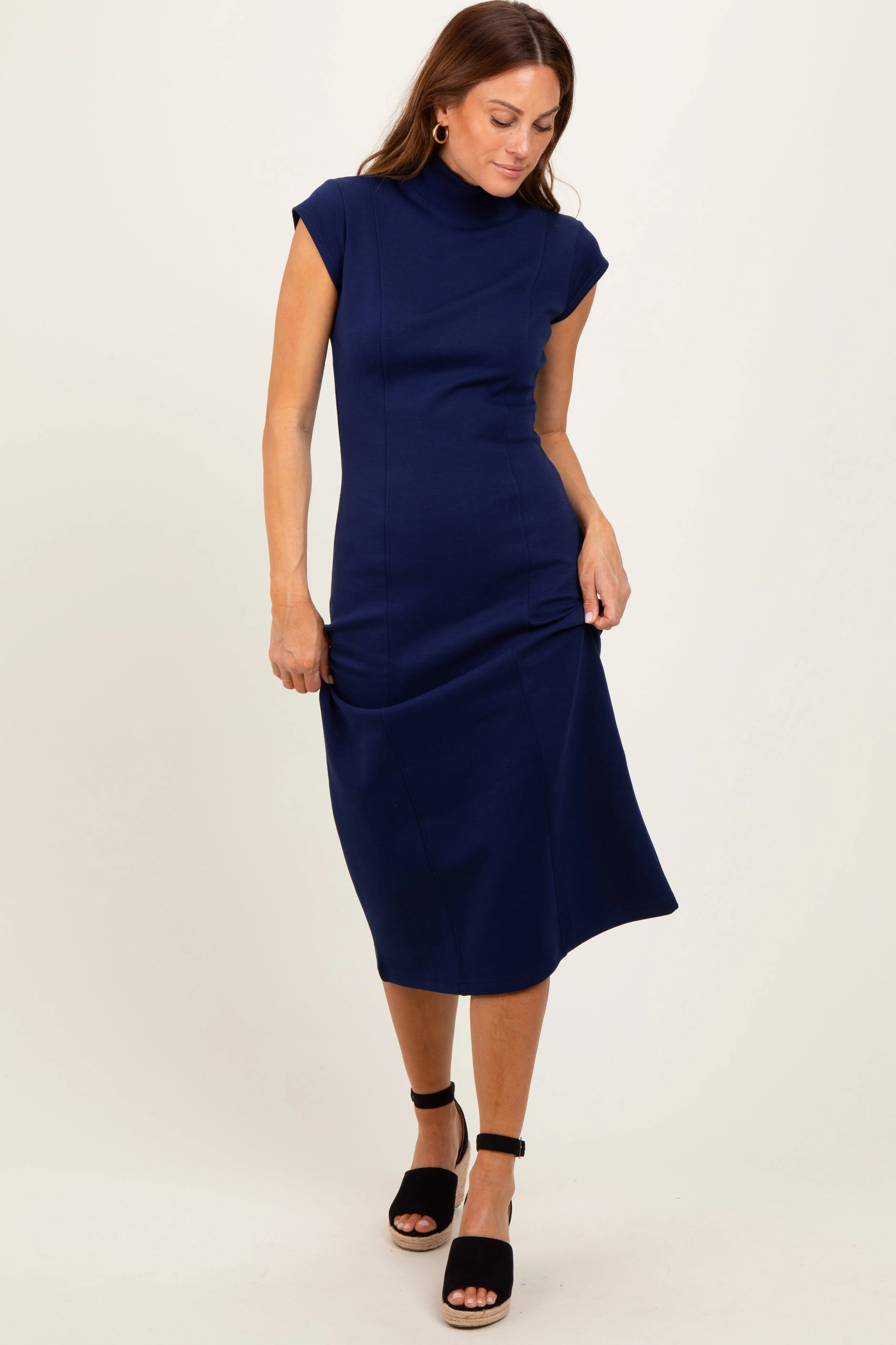 Navy Mock Neck Short Sleeve Midi Dress sold by Pinkblush product image thumbnail 2