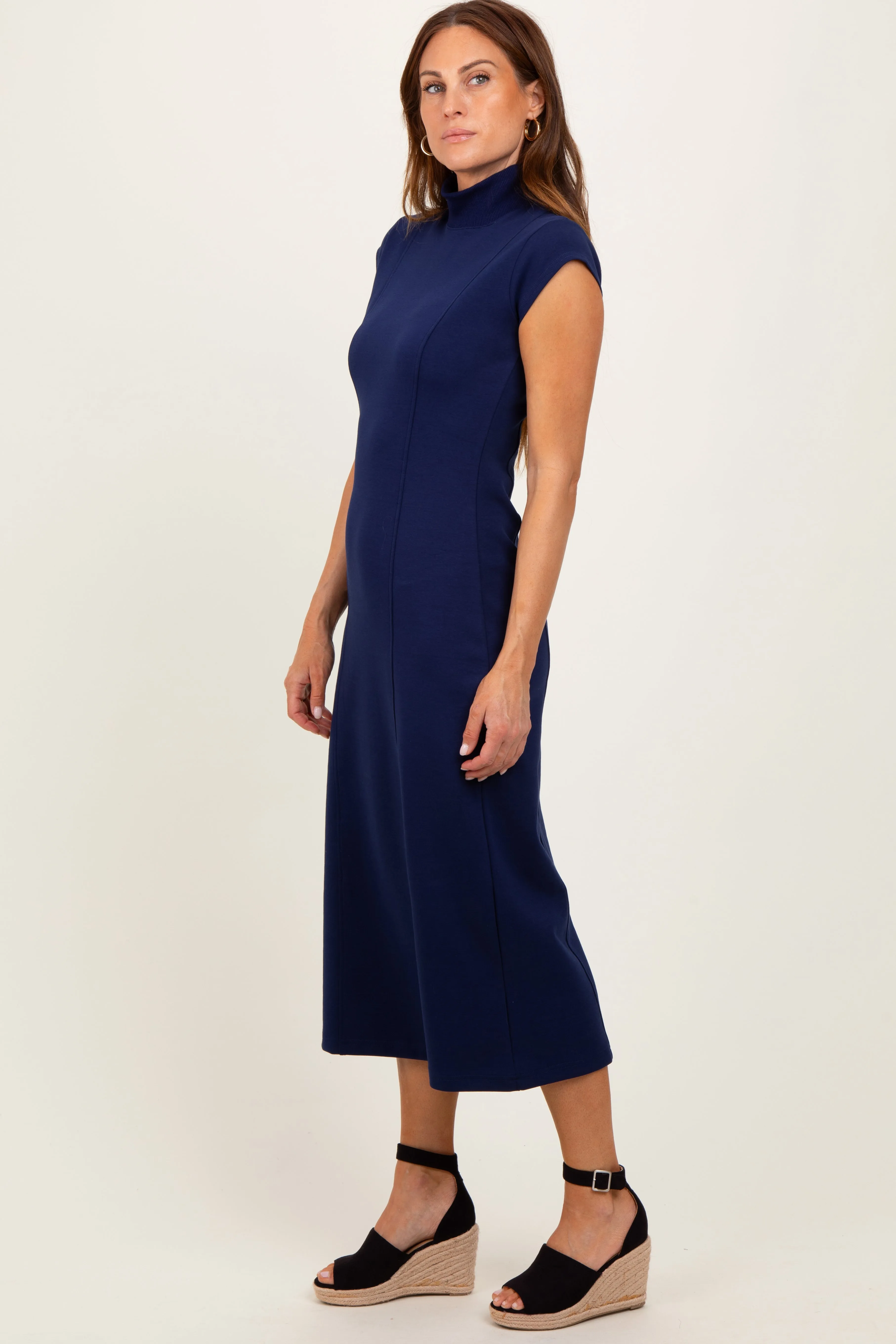 Navy Mock Neck Short Sleeve Midi Dress sold by Pinkblush product image thumbnail 3