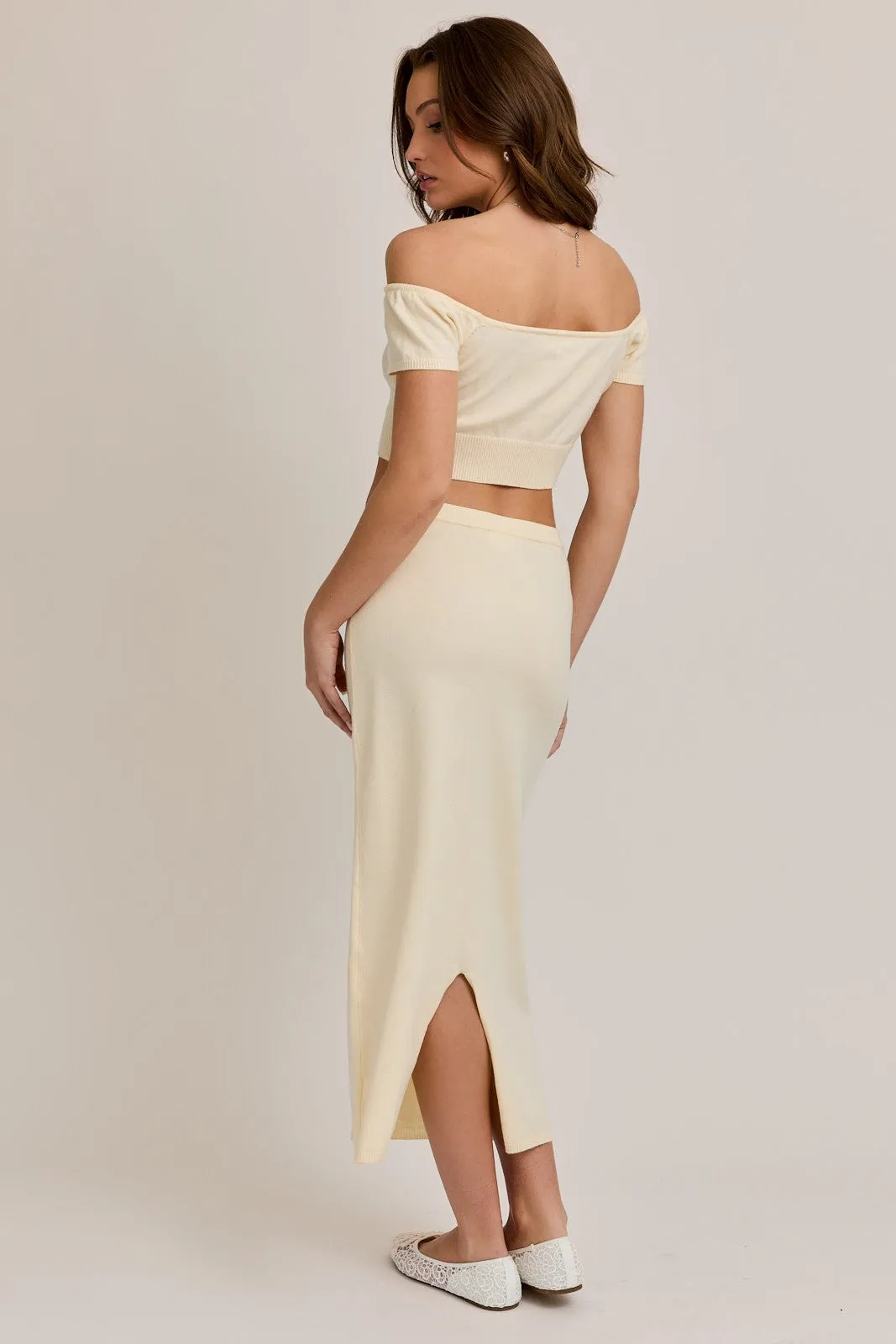 Cream Knit Off Shoulder Crop Top Maxi Skirt Set sold by Pinkblush product image thumbnail 3