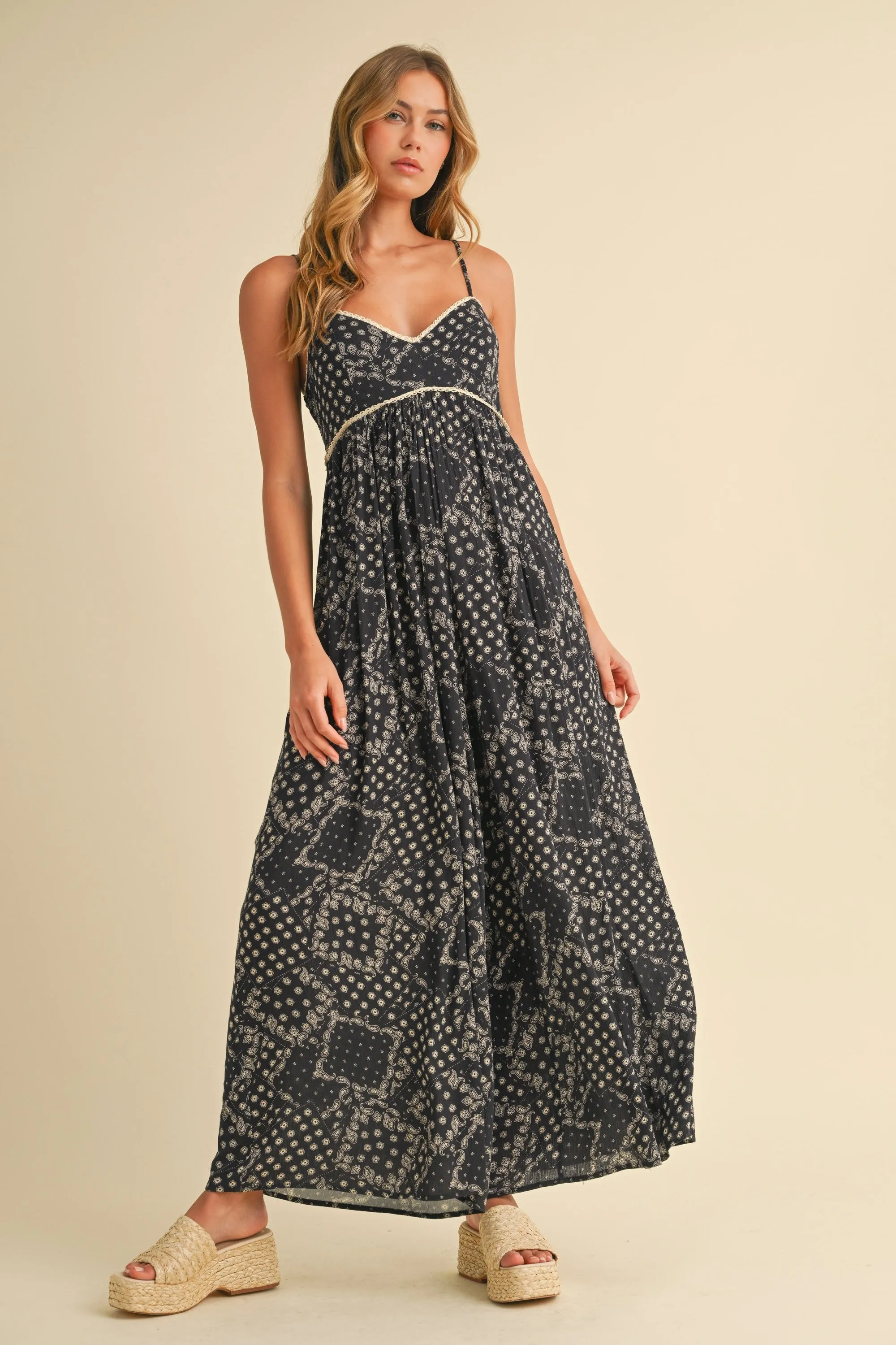 Black Paisley Printed Wide Relaxed Fit Jumpsuit sold by Pinkblush product image thumbnail 2