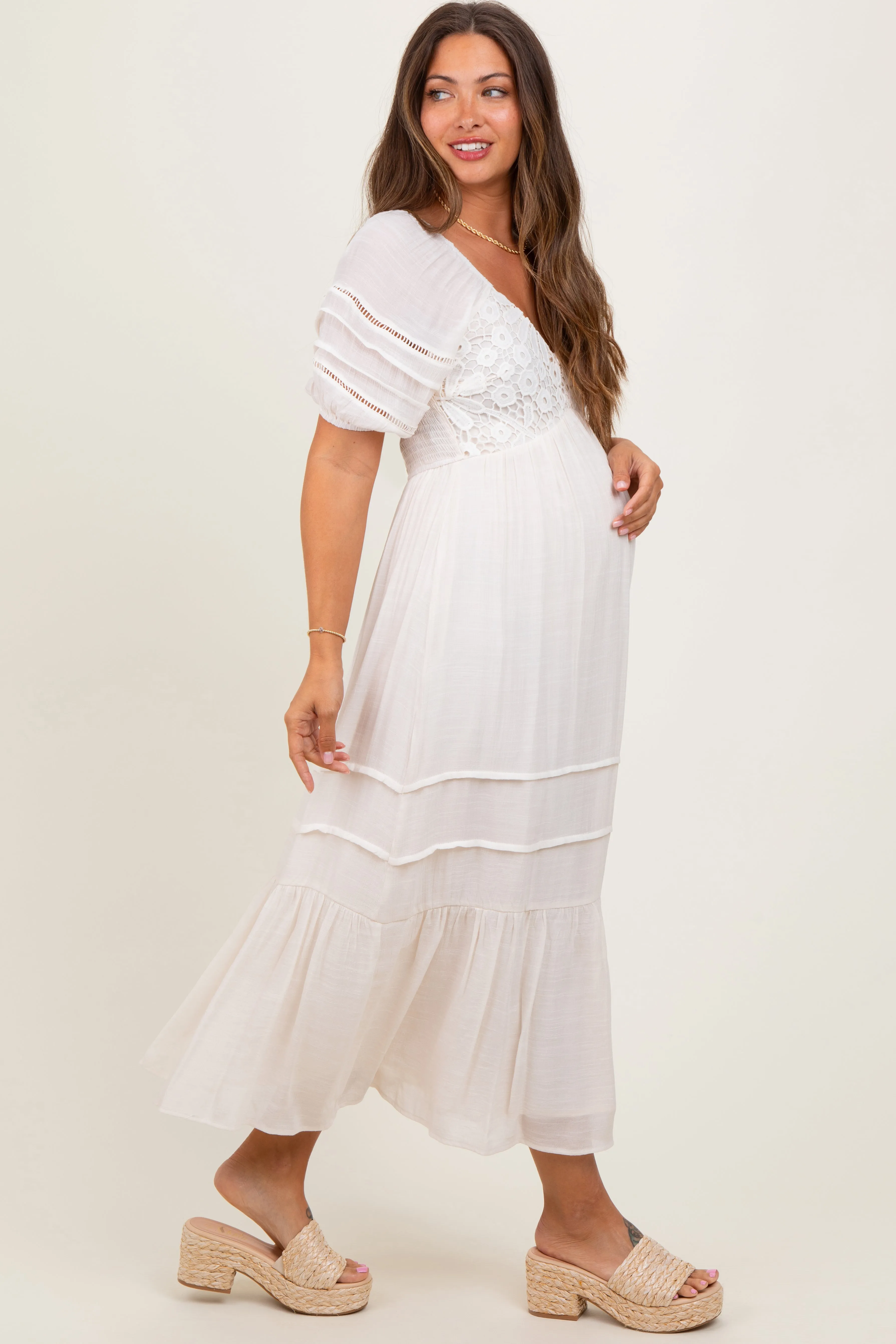 Cream Crochet Detail Bodice Maternity Midi Dress sold by Pinkblush product image thumbnail 2