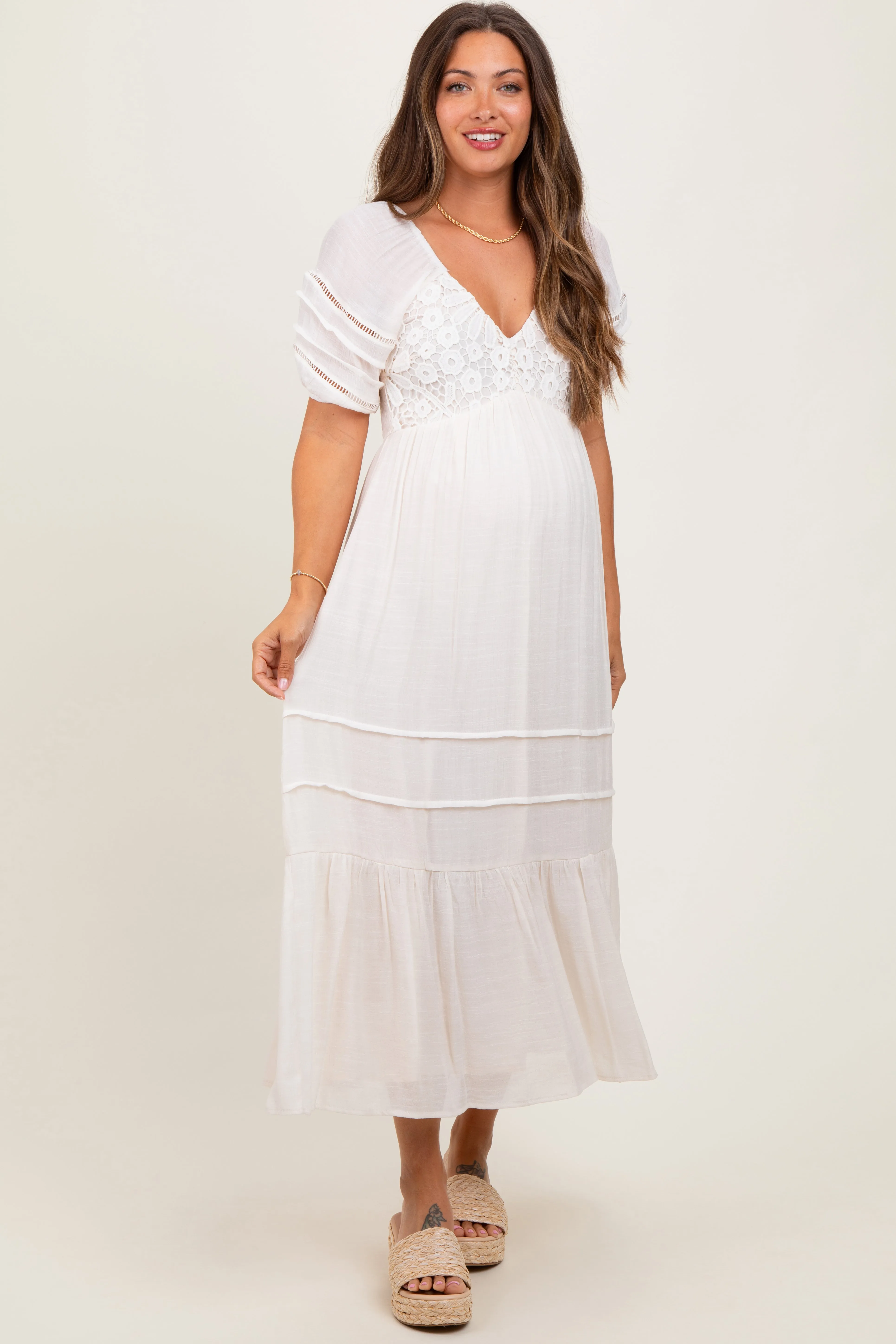 Cream Crochet Detail Bodice Maternity Midi Dress sold by Pinkblush