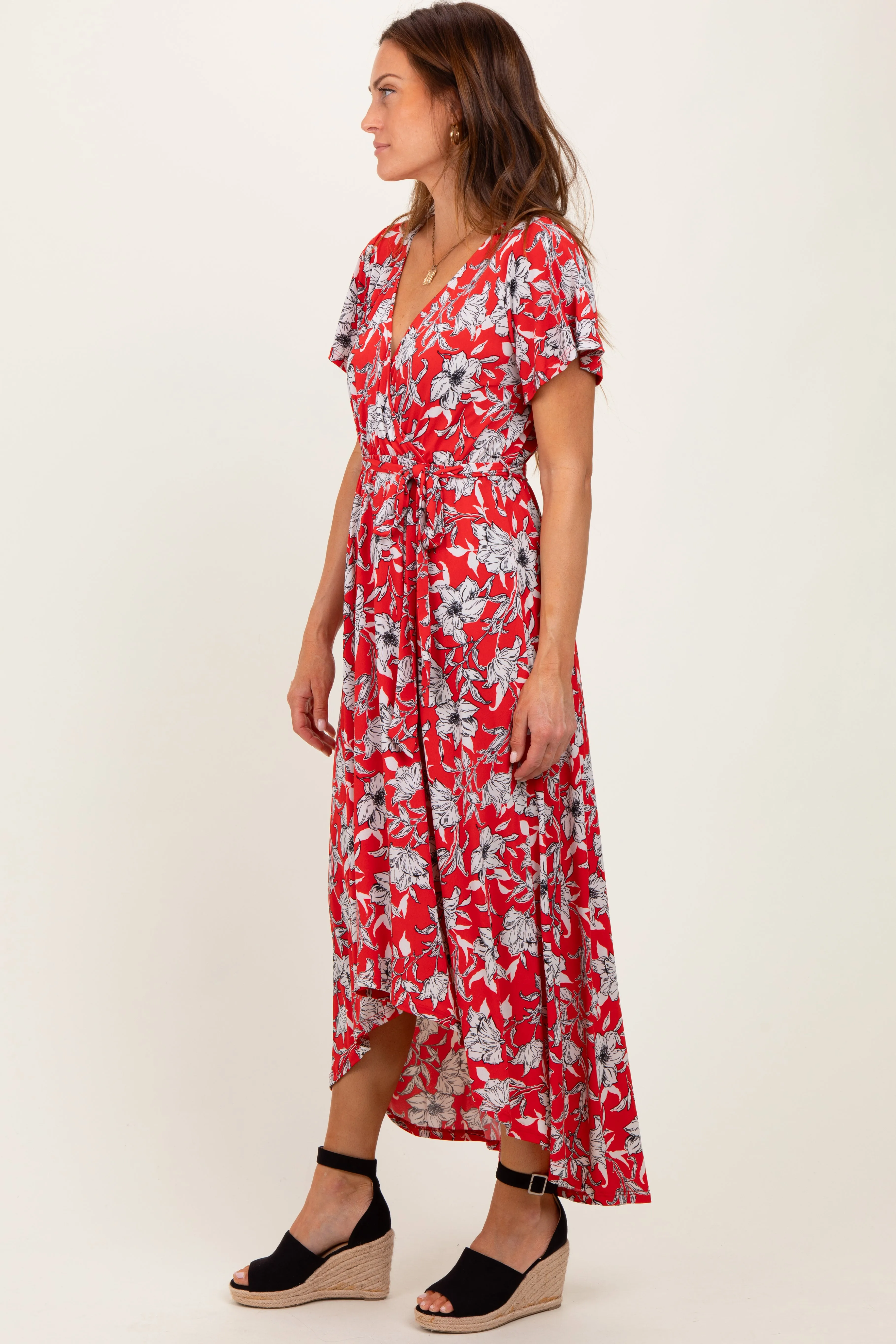 Red Floral Sash Tie Wrap Hi-Low Dress sold by Pinkblush product image thumbnail 3