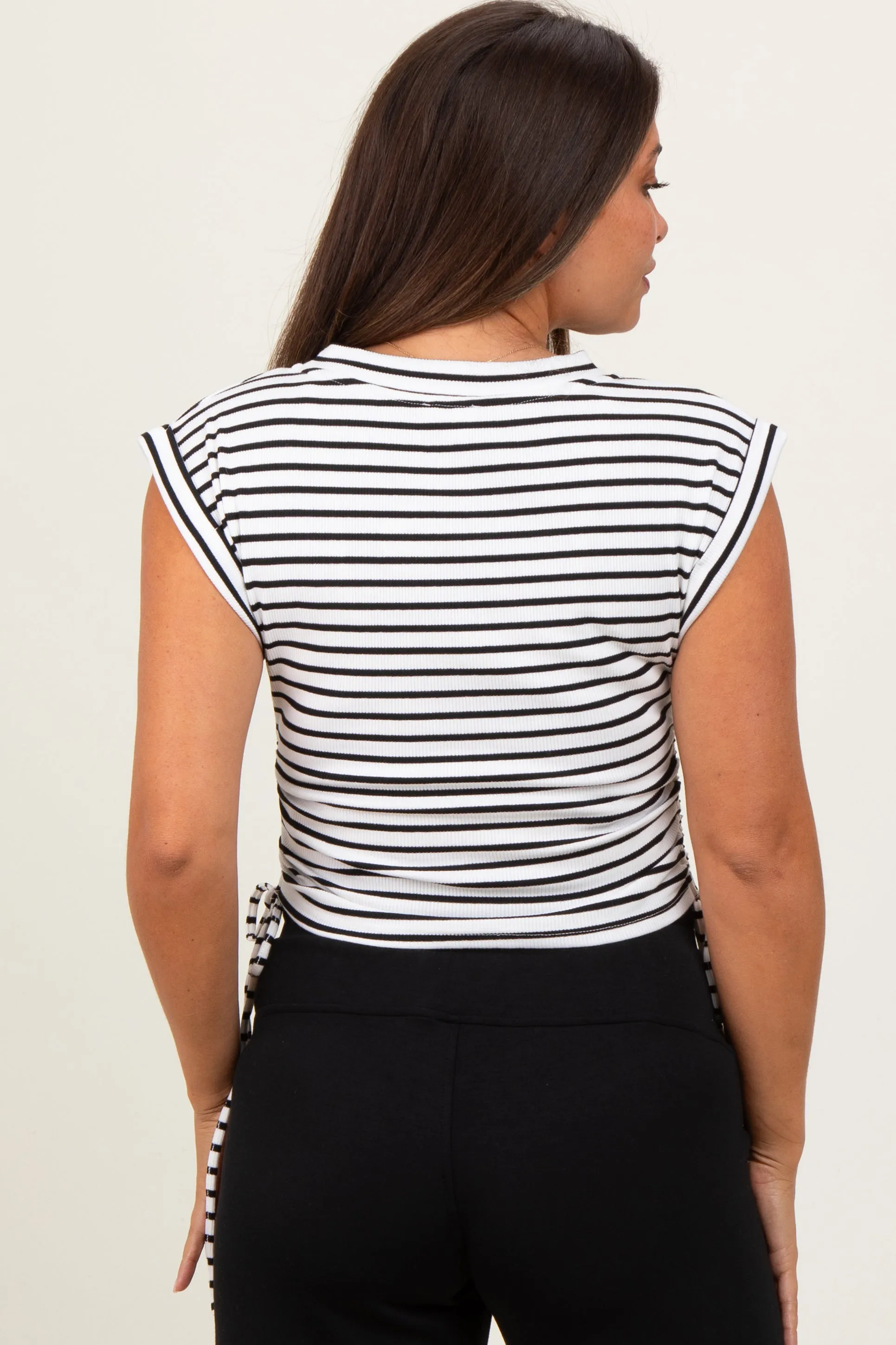 White Striped Ruched Side Tie Maternity Top sold by Pinkblush product image thumbnail 3