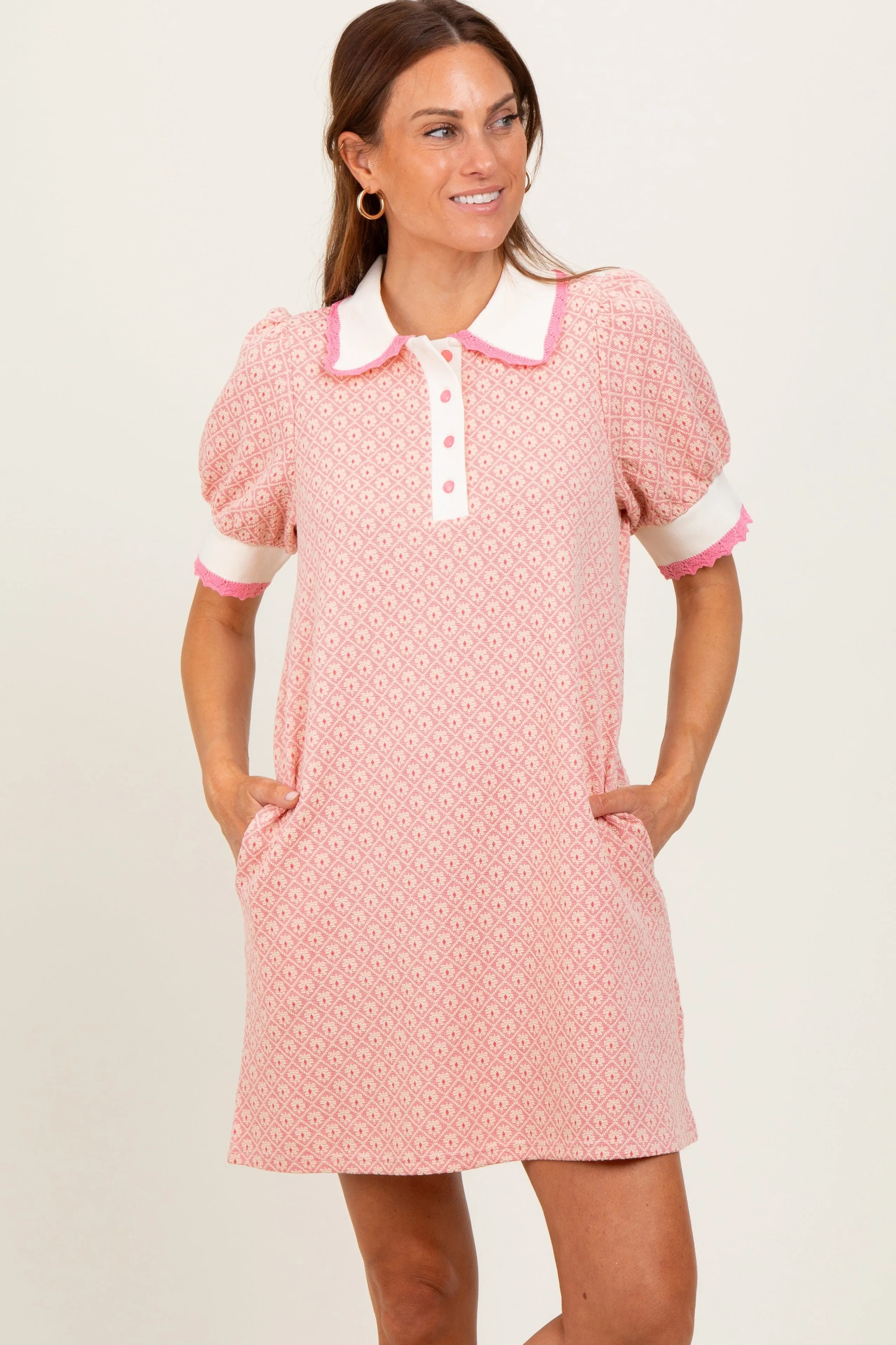 Pink Diamond Print Crochet Trim Polo Dress sold by Pinkblush
