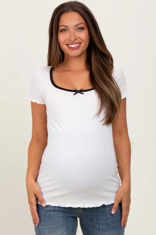White Ribbed Short Sleeve Maternity Top sold by Pinkblush