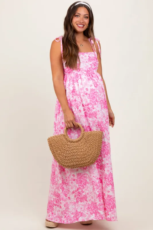 Pink Leaf Print Sleeveless Open Back Smocked Maternity Maxi Dress sold by Pinkblush