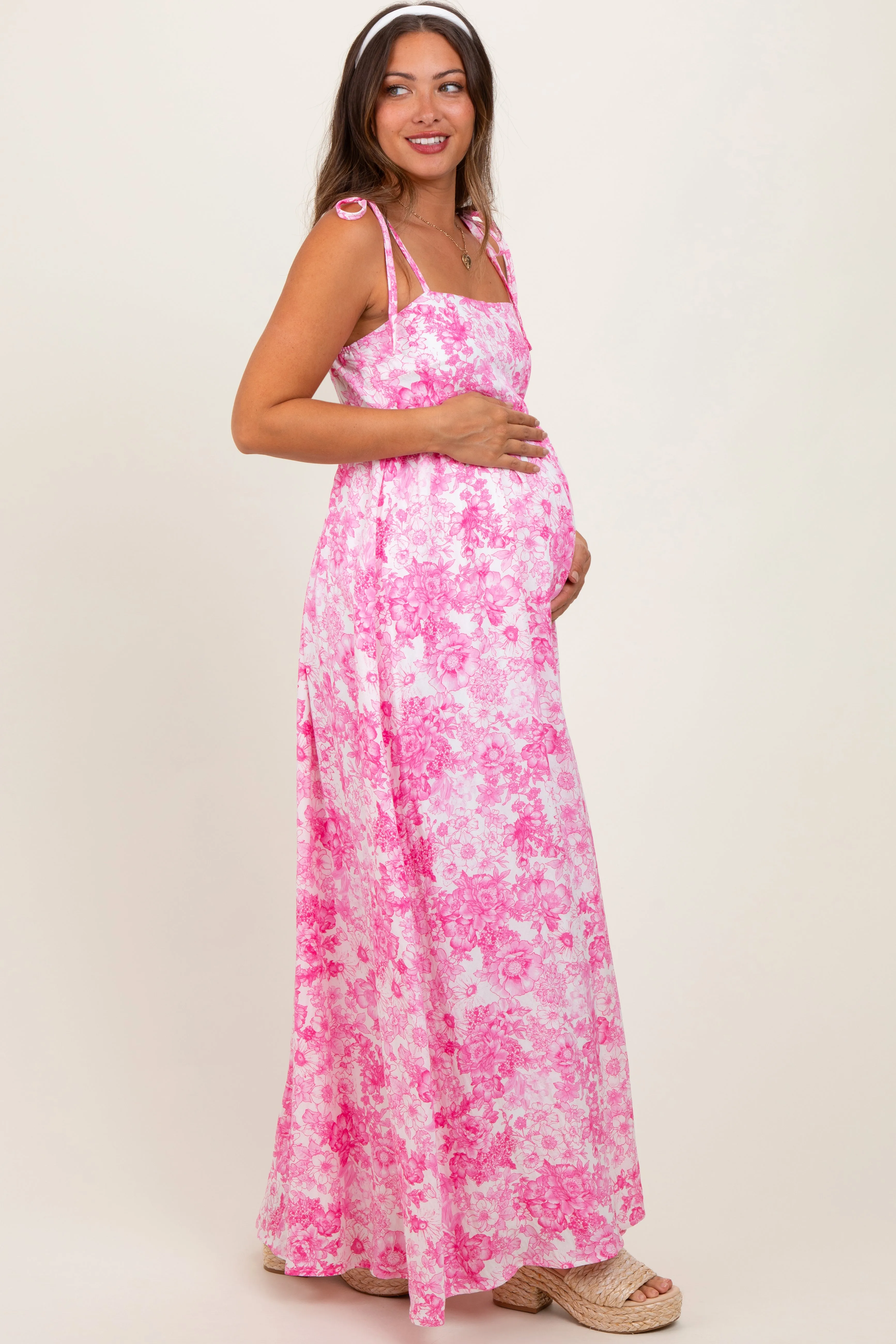 Pink Leaf Print Sleeveless Open Back Smocked Maternity Maxi Dress sold by Pinkblush product image thumbnail 2