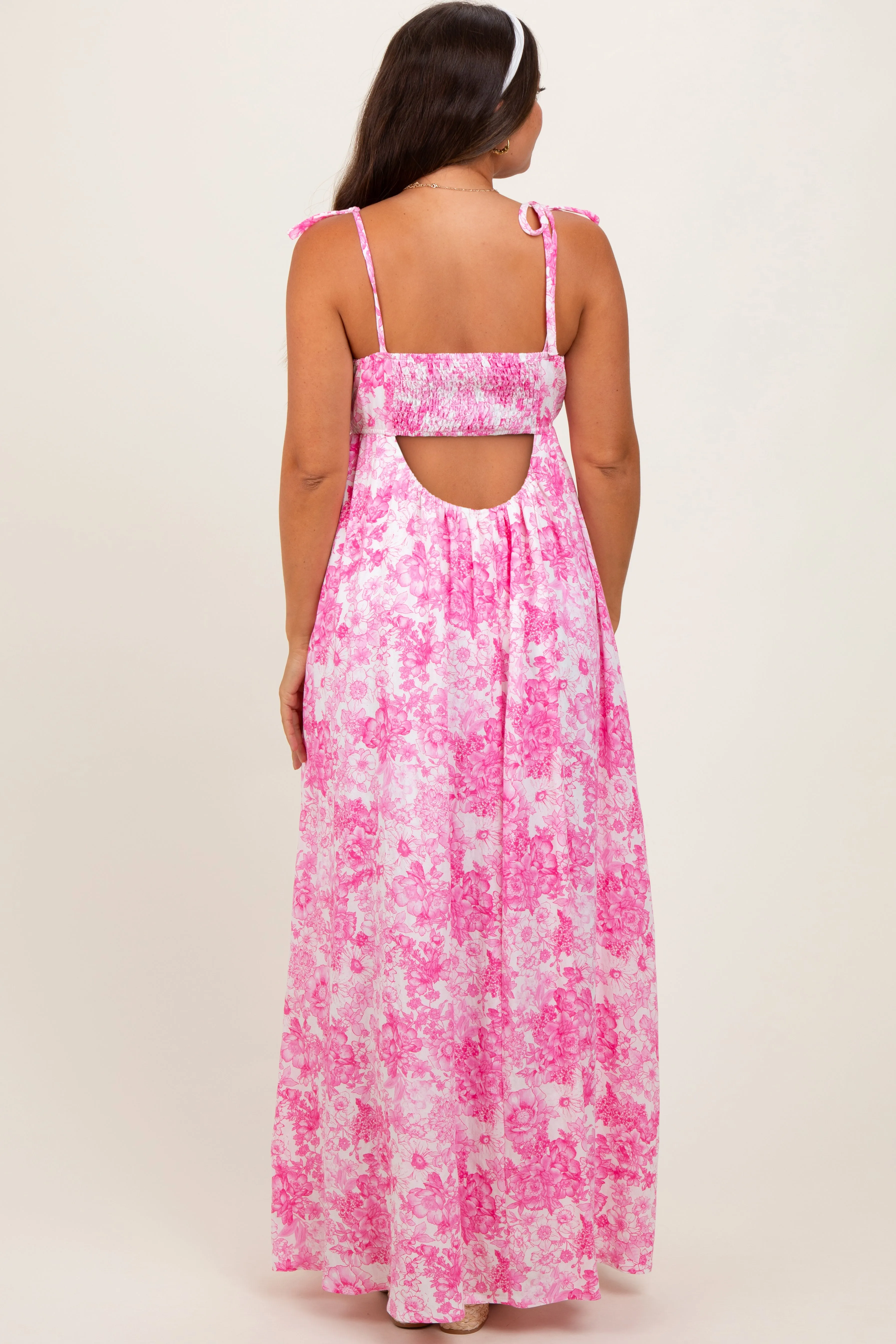 Pink Leaf Print Sleeveless Open Back Smocked Maternity Maxi Dress sold by Pinkblush product image thumbnail 3