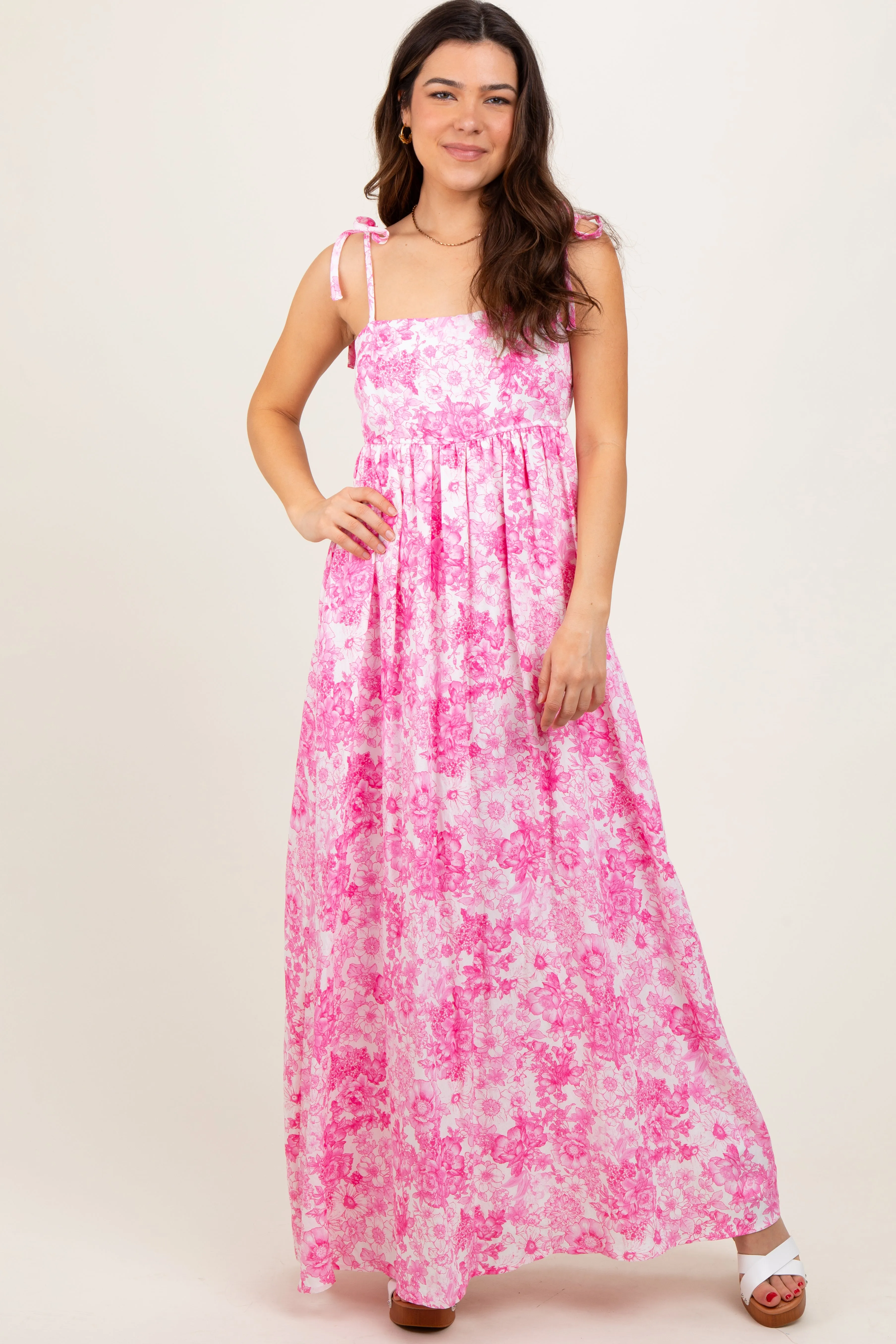 Pink Leaf Print Sleeveless Open Back Smocked Maternity Maxi Dress sold by Pinkblush product image thumbnail 4