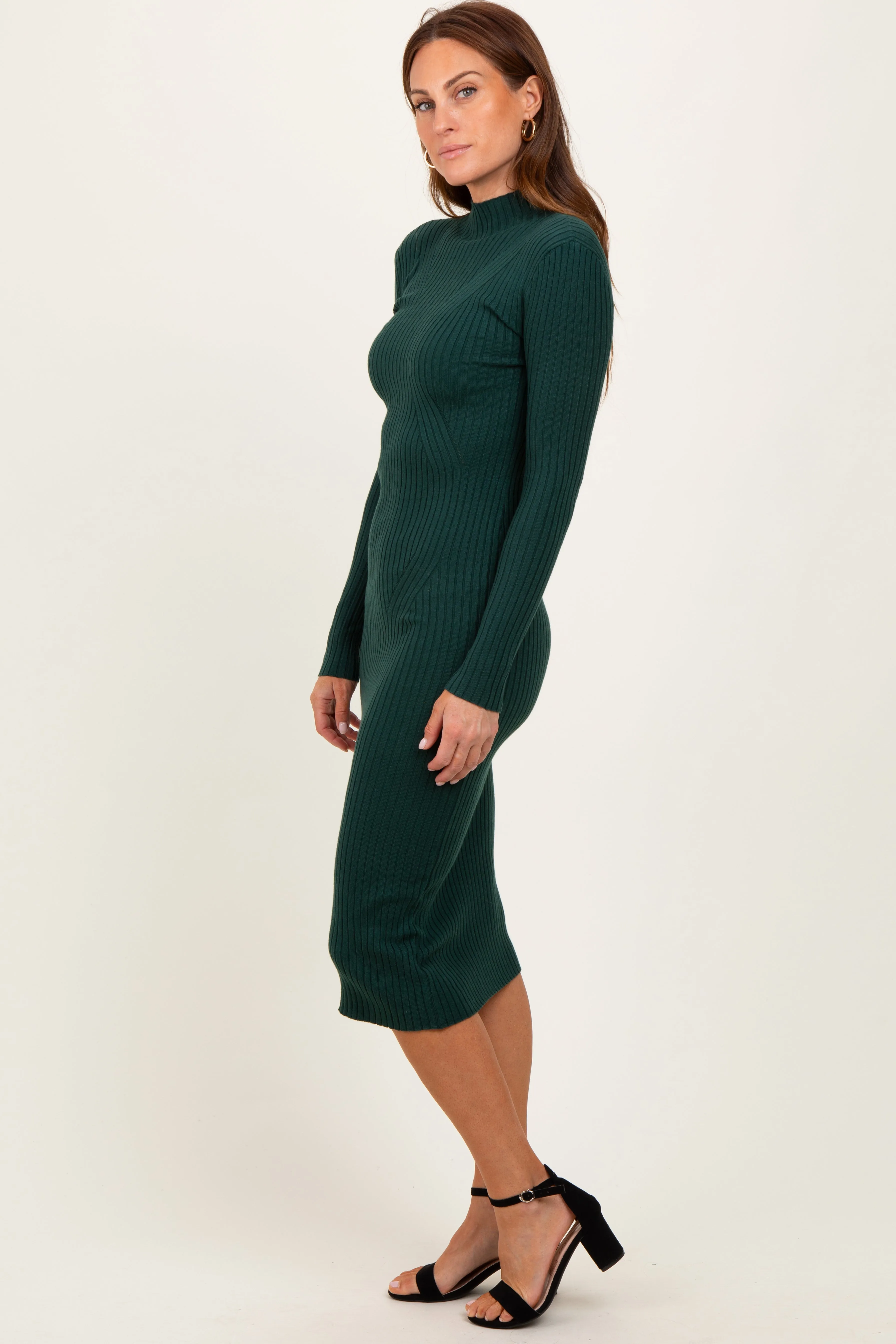 Forest Green Ribbed Knit Mock Neck Long Sleeve Midi Dress sold by Pinkblush product image thumbnail 3