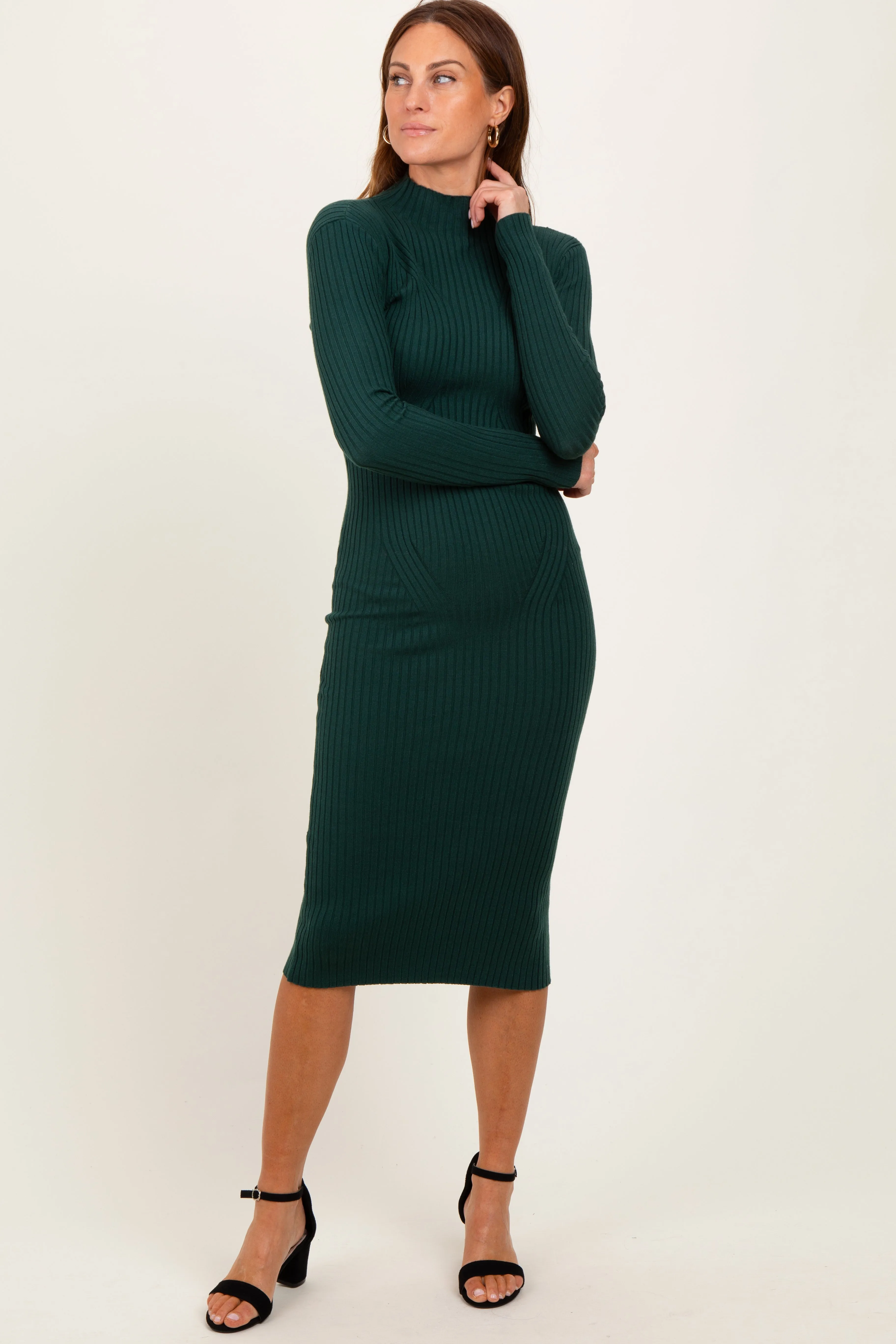 Forest Green Ribbed Knit Mock Neck Long Sleeve Midi Dress sold by Pinkblush