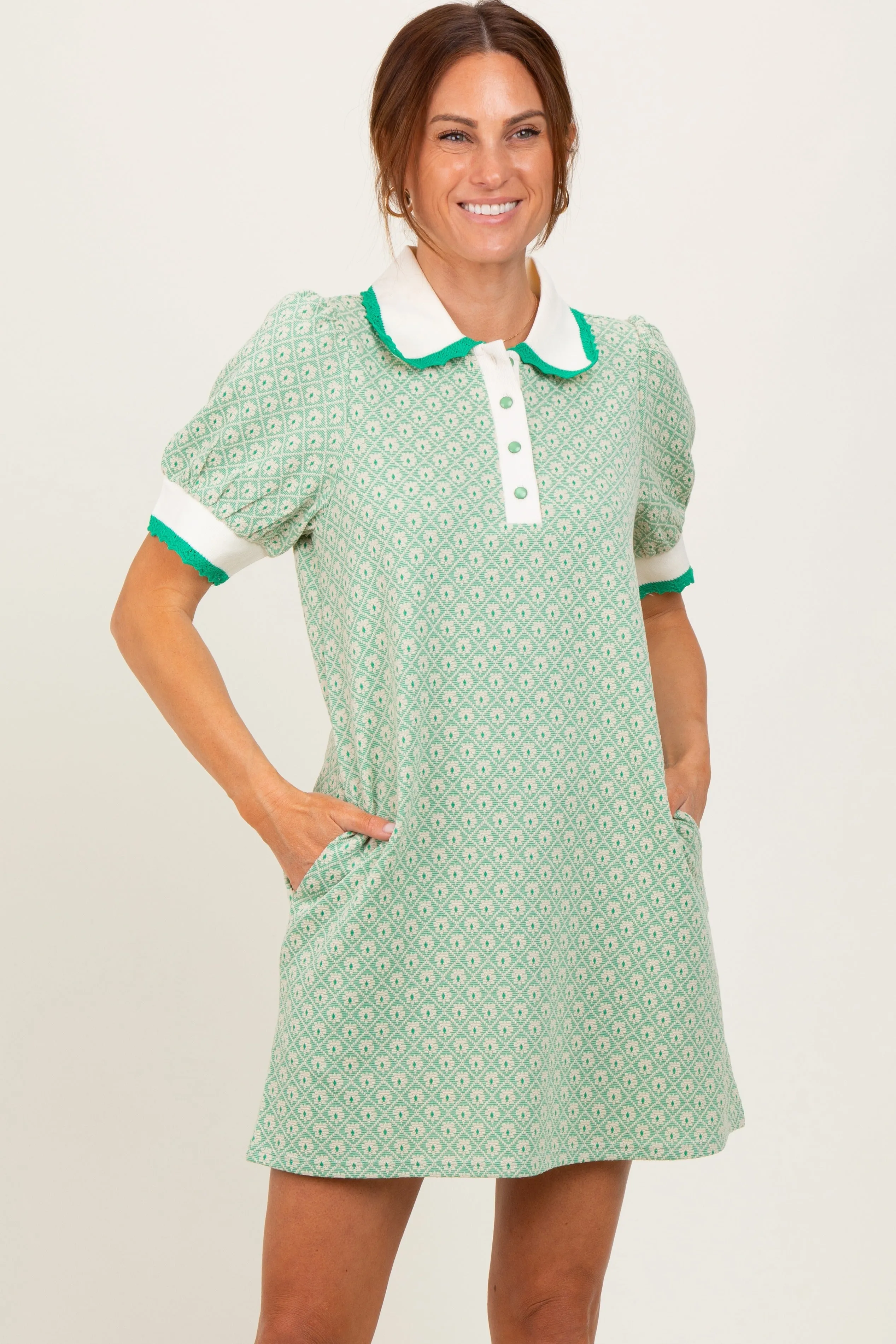 Green Diamond Print Crochet Trim Polo Dress sold by Pinkblush