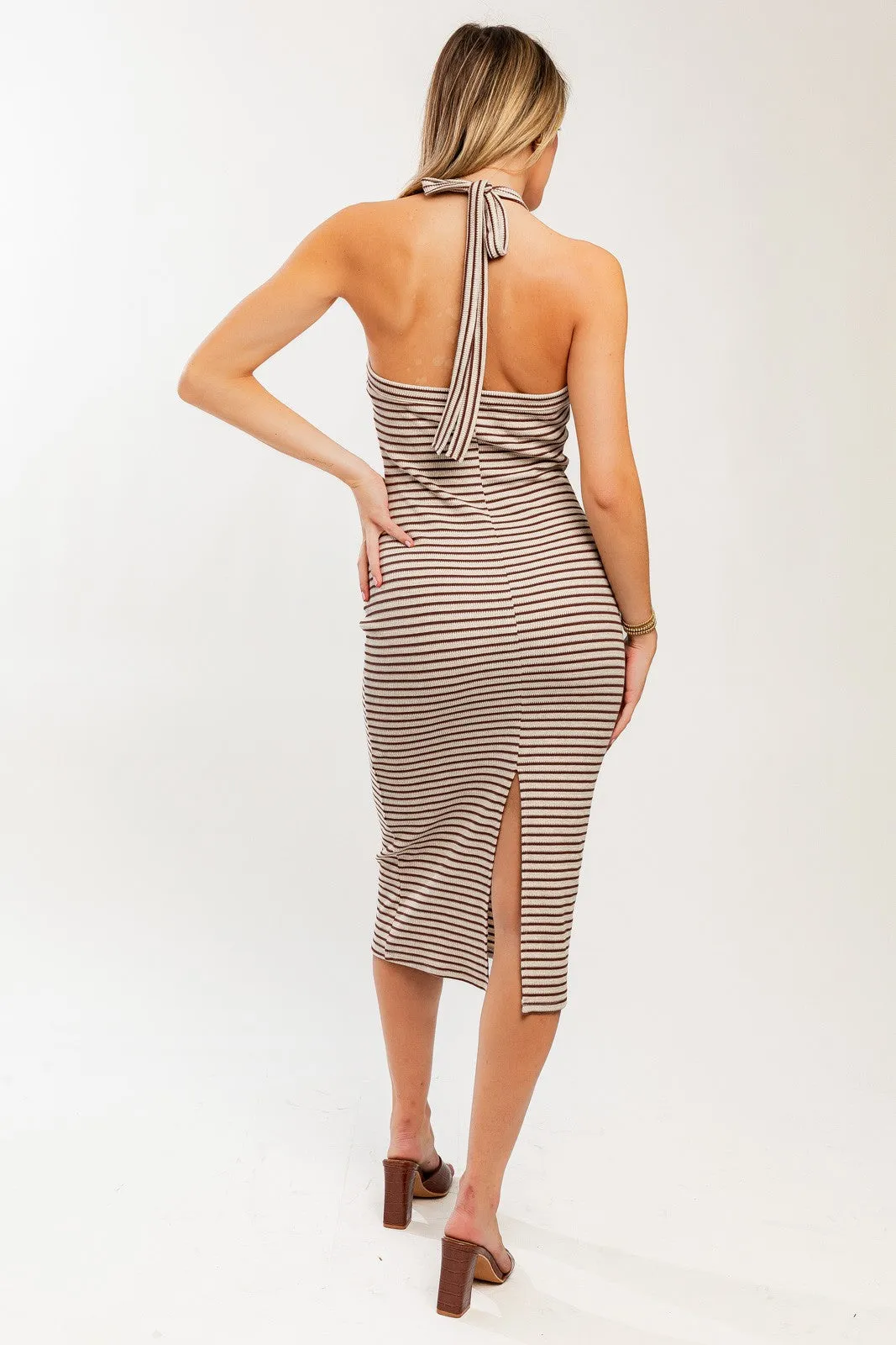 Taupe Striped Halter Neck Midi Dress sold by Pinkblush product image thumbnail 3
