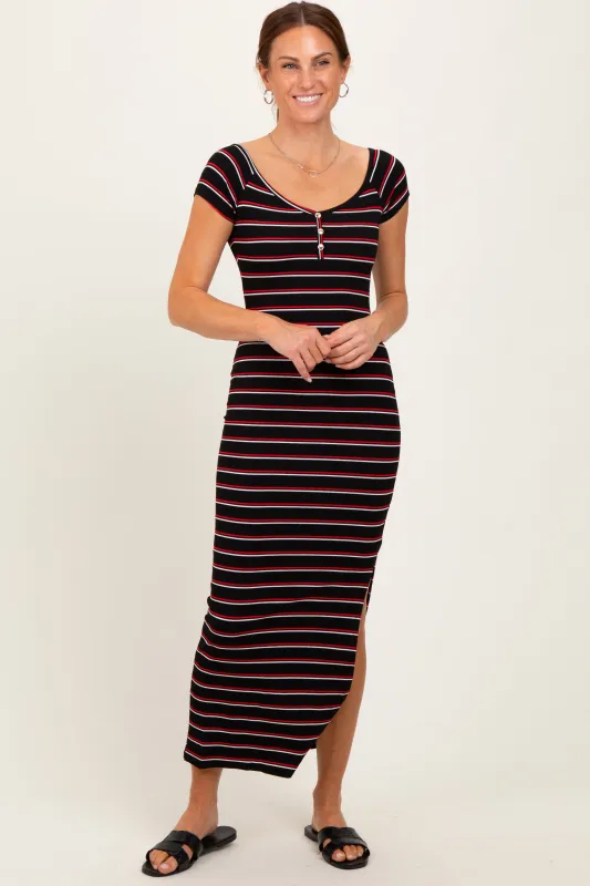 Black Striped Wide Neckline Side Slit Maxi Dress sold by Pinkblush