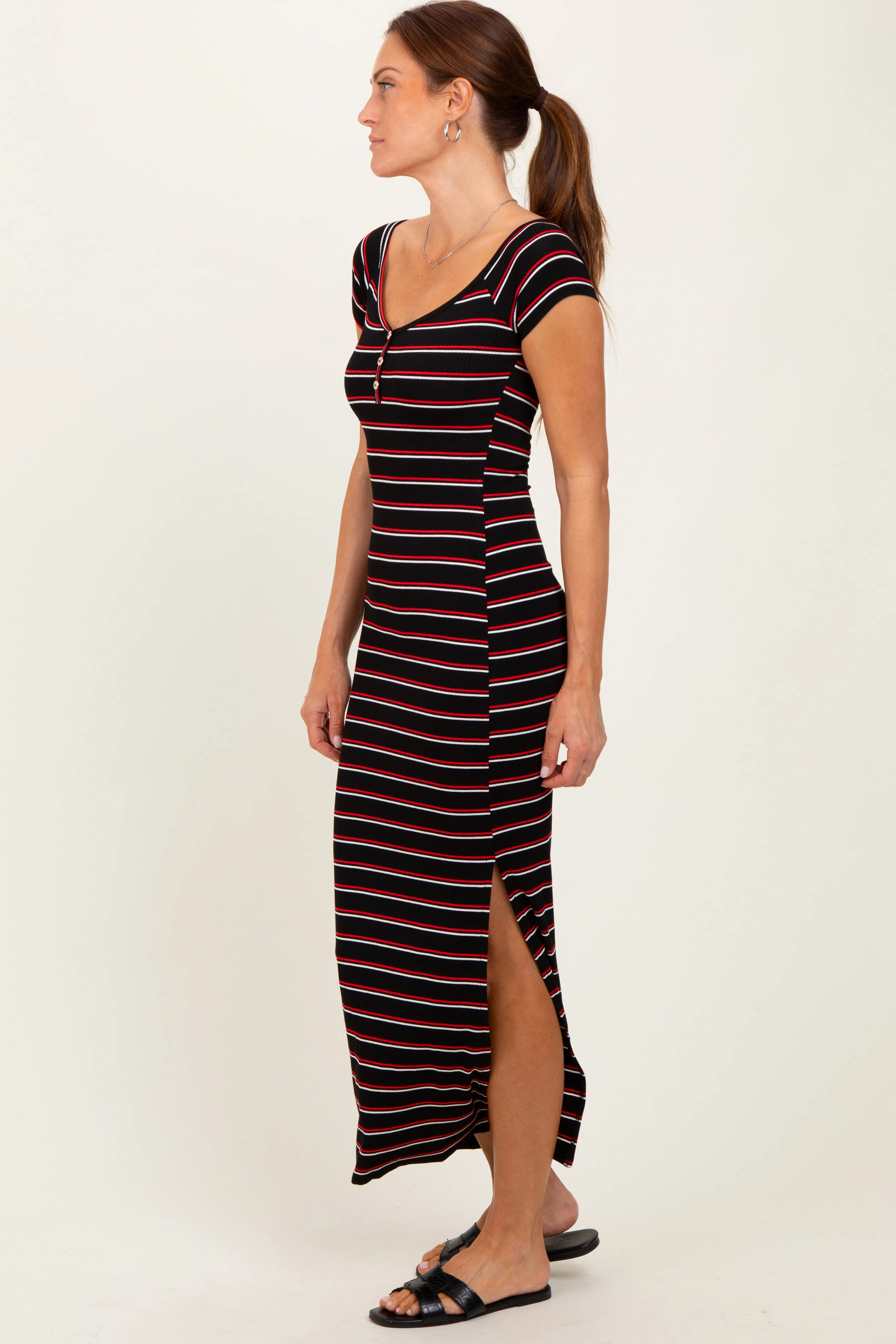 Black Striped Wide Neckline Side Slit Maxi Dress sold by Pinkblush product image thumbnail 3