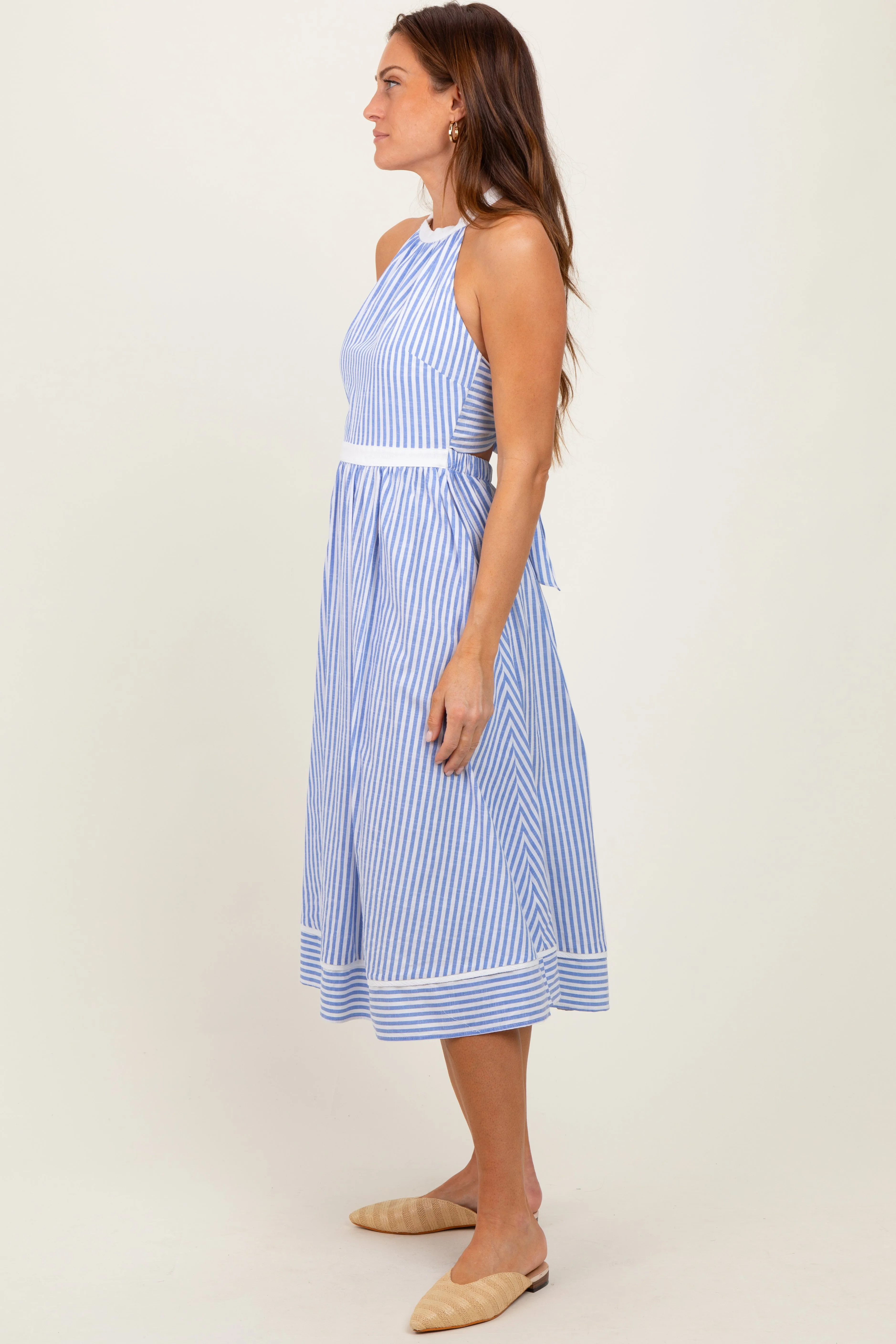 Blue Striped Halter Maternity Tie Back Cutout Midi Dress sold by Pinkblush product image thumbnail 2