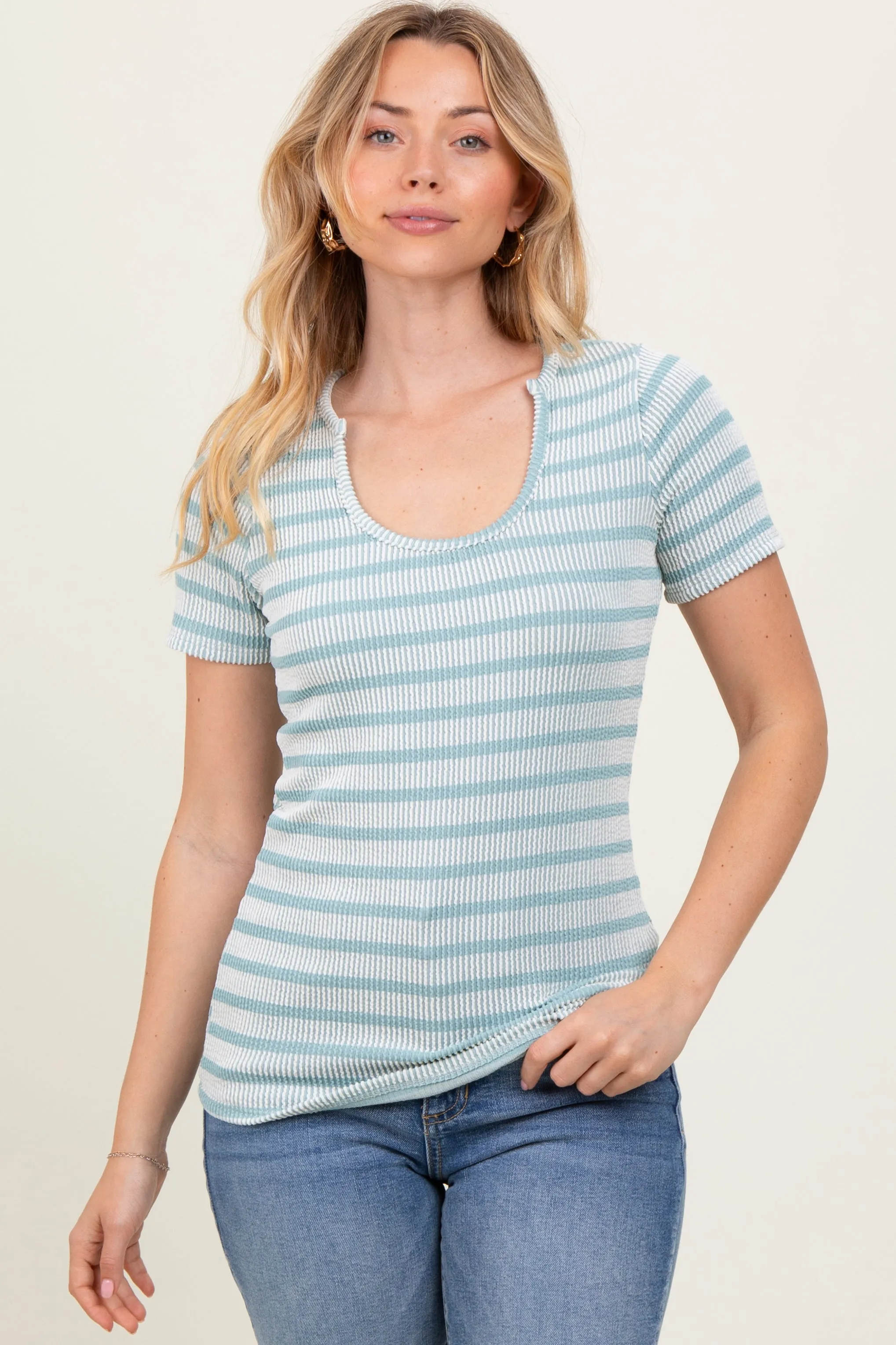 Light Blue Stripe Short Sleeve Round Neck Top sold by Pinkblush