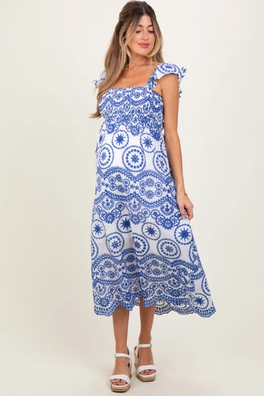Light Navy Embroidered Smocked Cutout Maternity Midi Dress sold by Pinkblush