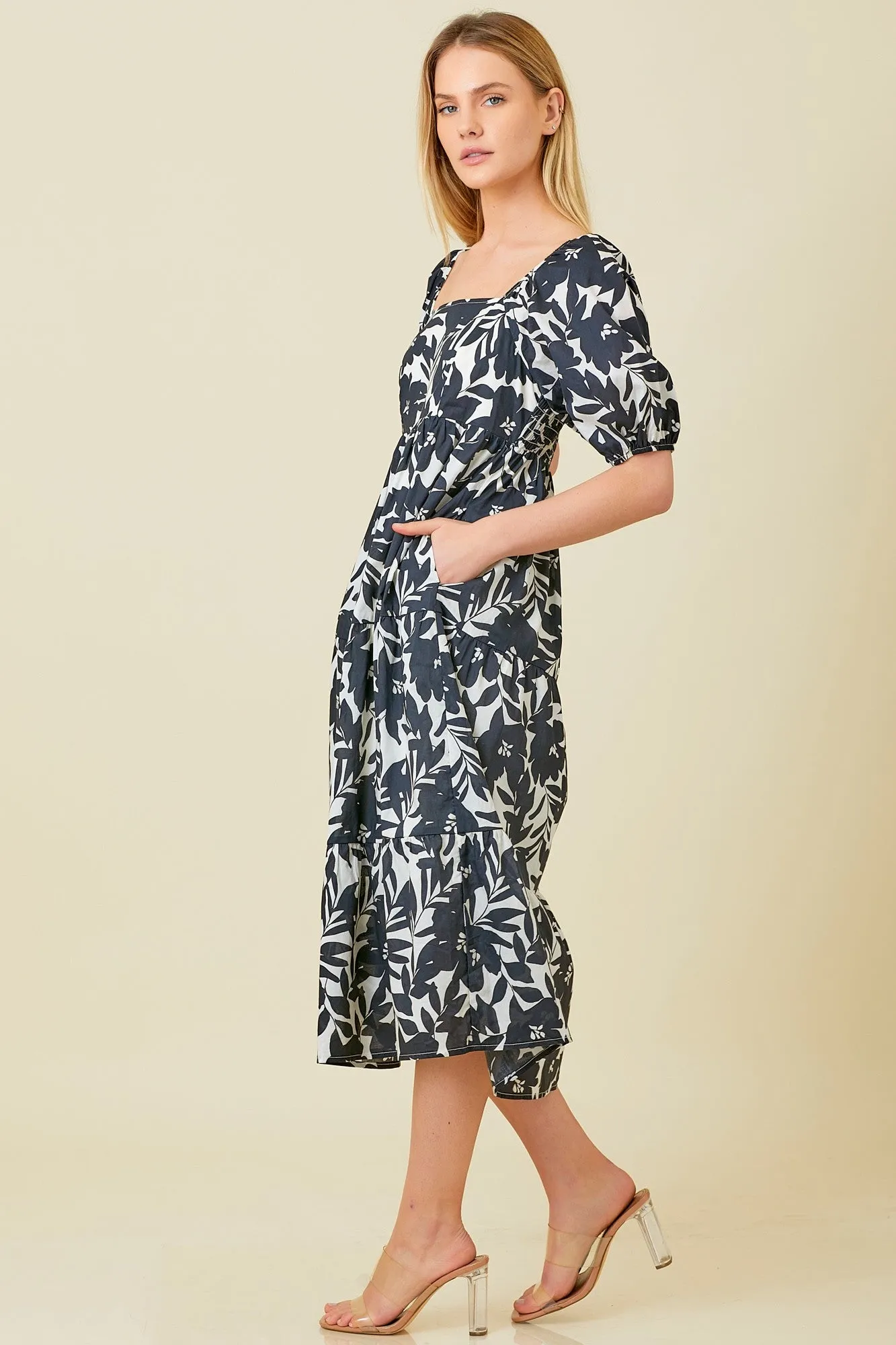 Black White Puff Sleeve Midi Dress sold by Pinkblush product image thumbnail 2