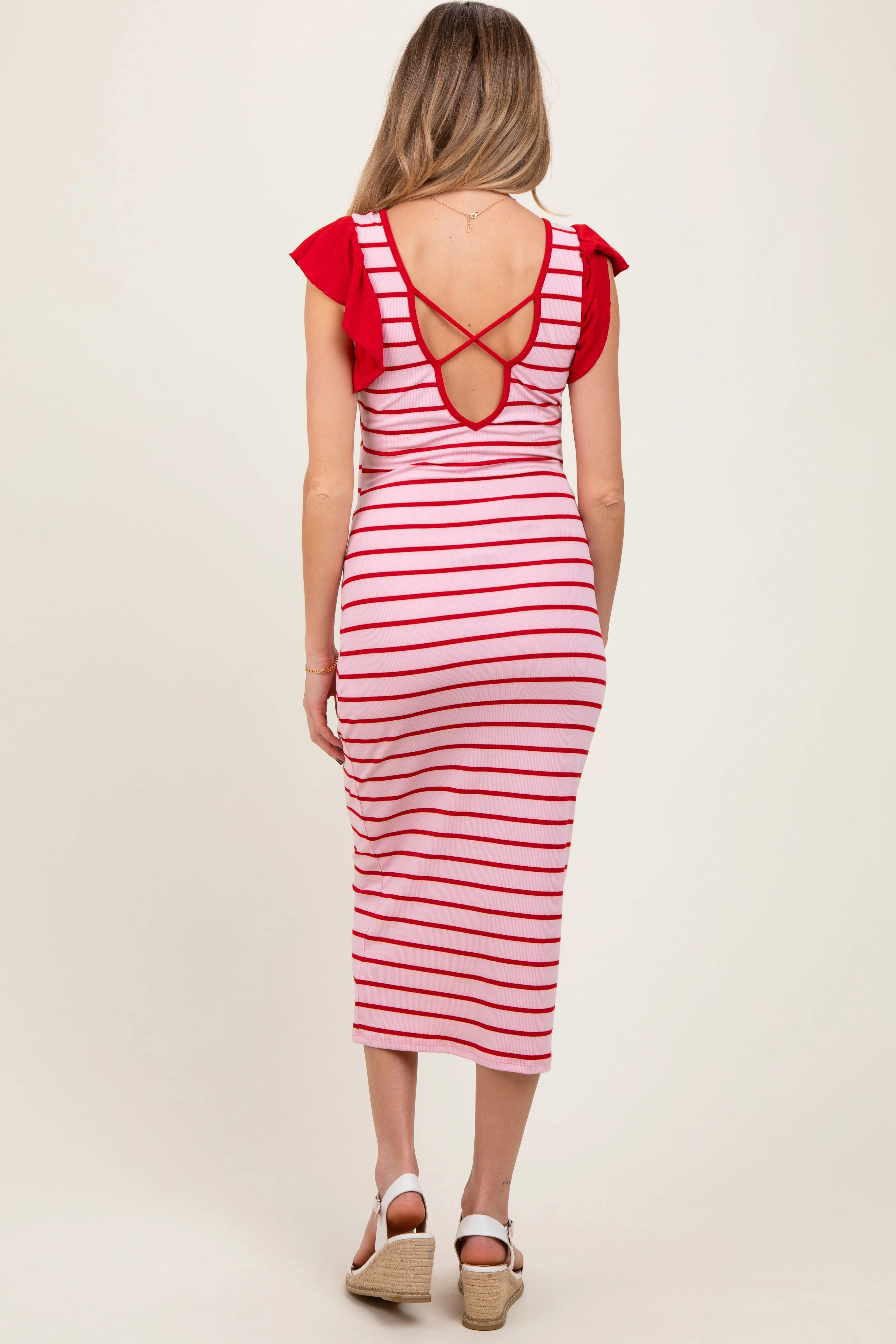 Light Pink Striped Ribbed Ruffle Sleeve Open Back Maternity Midi Dress sold by Pinkblush product image thumbnail 4