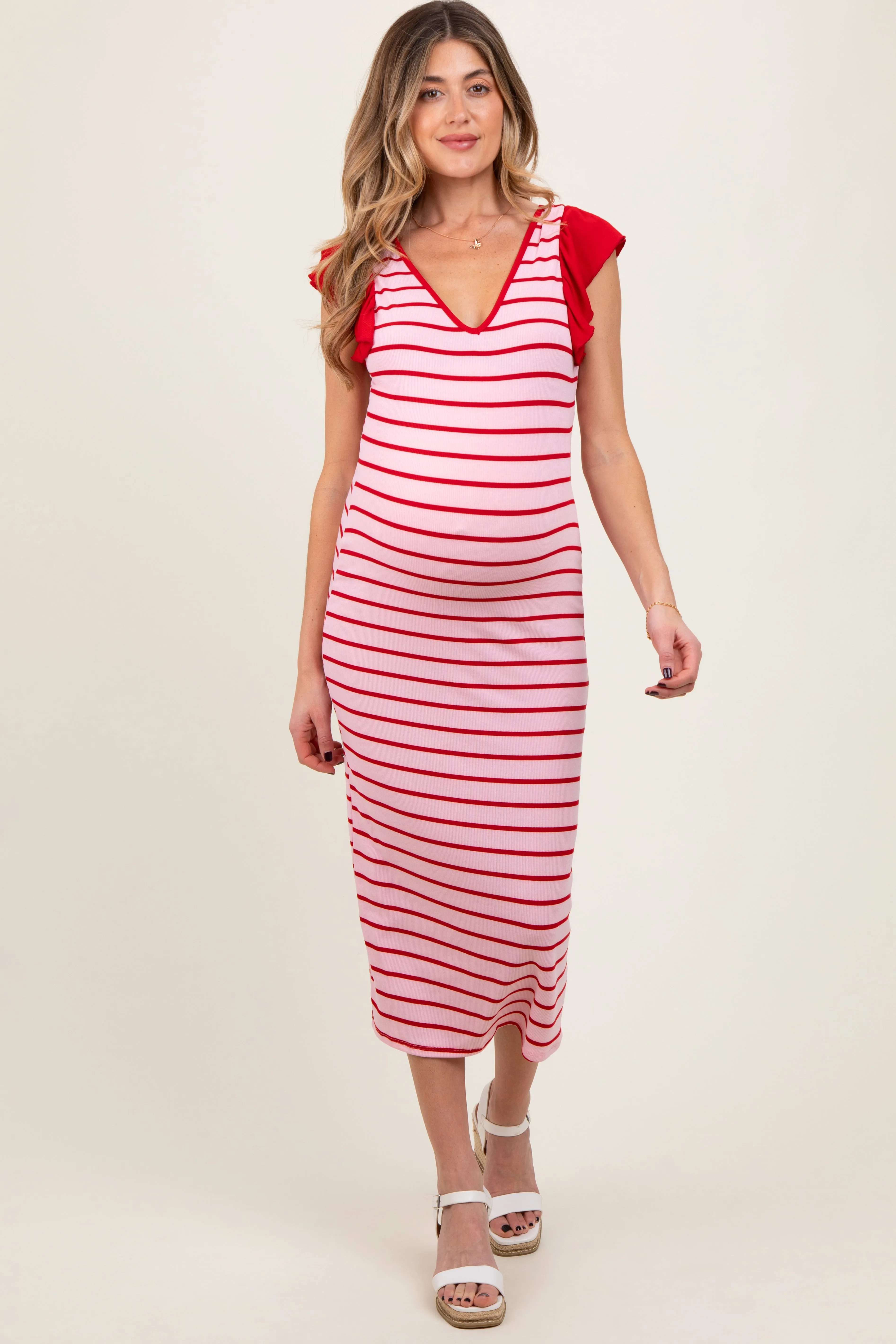 Light Pink Striped Ribbed Ruffle Sleeve Open Back Maternity Midi Dress sold by Pinkblush product image thumbnail 2