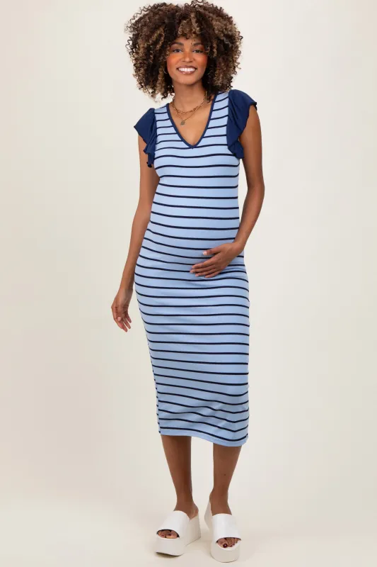 Light Blue Striped Ribbed Ruffle Sleeve Open Back Maternity Midi Dress sold by Pinkblush