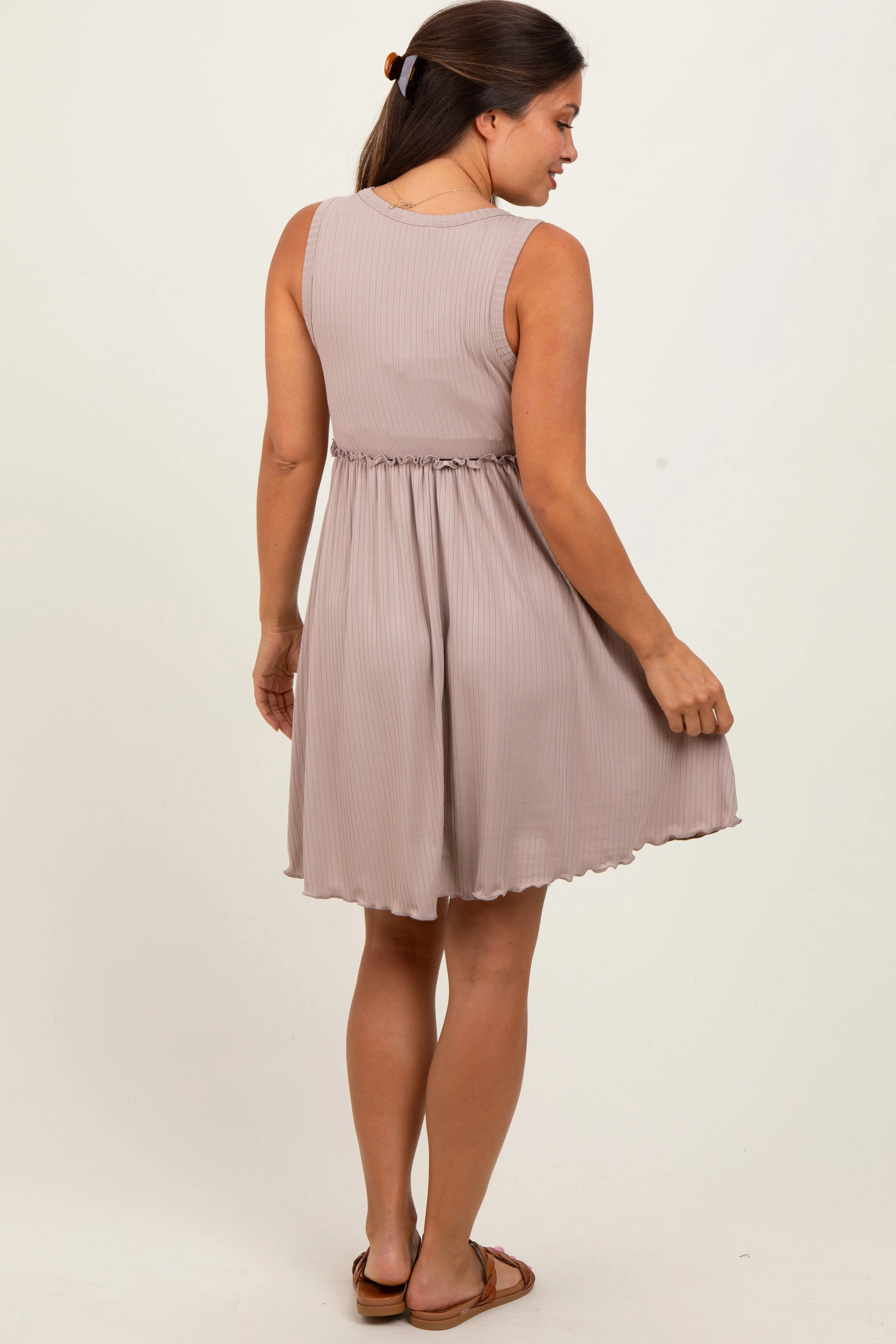 Taupe Ribbed Sleeveless Lettuce Trim Maternity Mini Dress sold by Pinkblush product image thumbnail 4