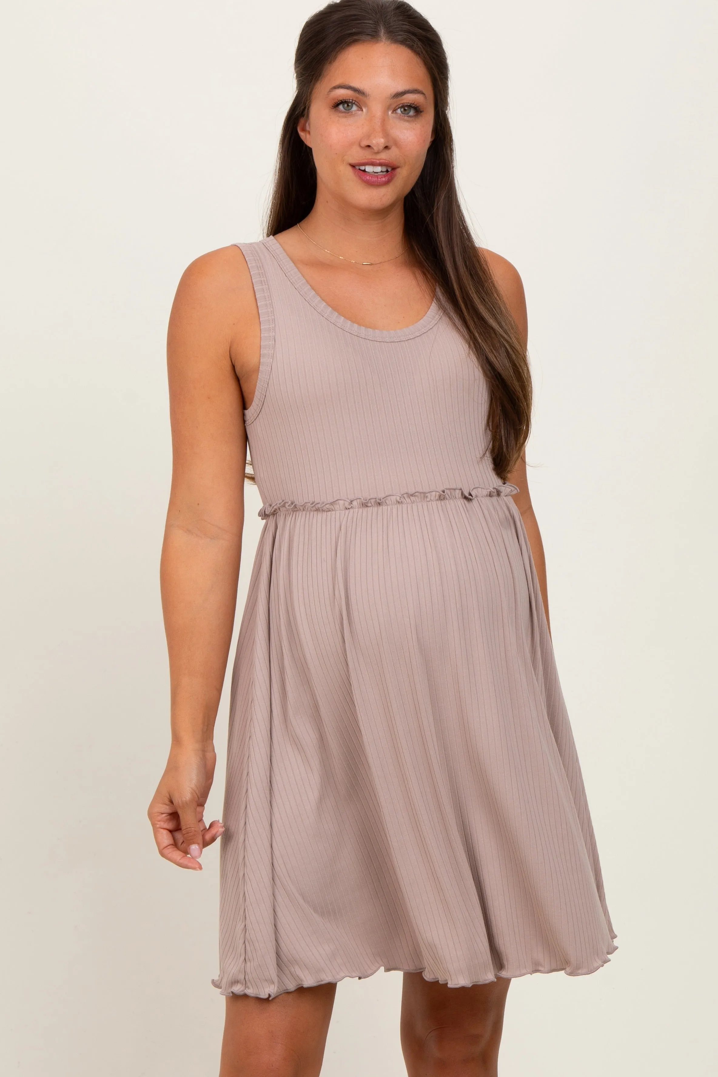 Taupe Ribbed Sleeveless Lettuce Trim Maternity Mini Dress sold by Pinkblush product image thumbnail 2