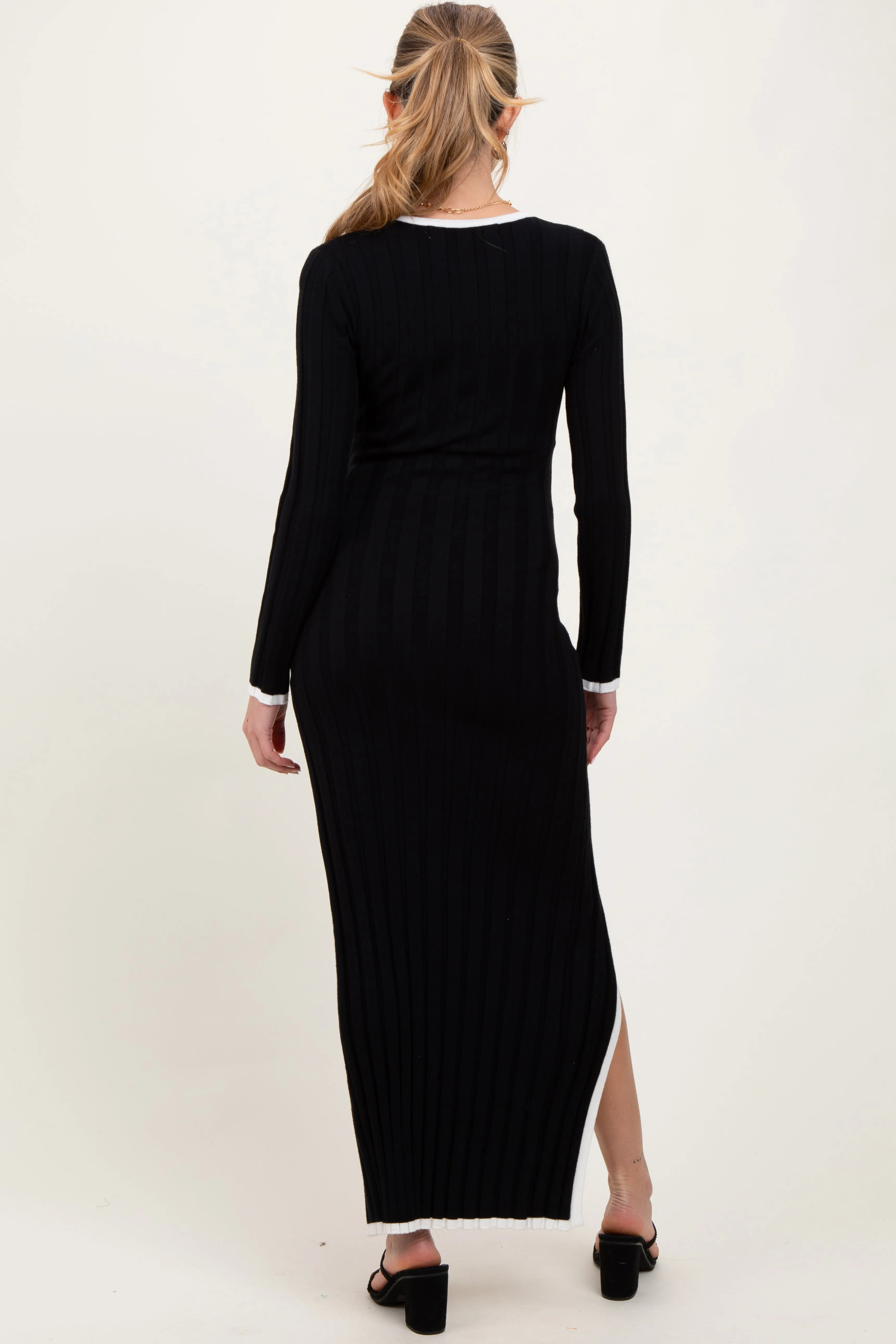 Black Wide Ribbed Knit Side Slit Maternity Maxi Dress sold by Pinkblush product image thumbnail 4