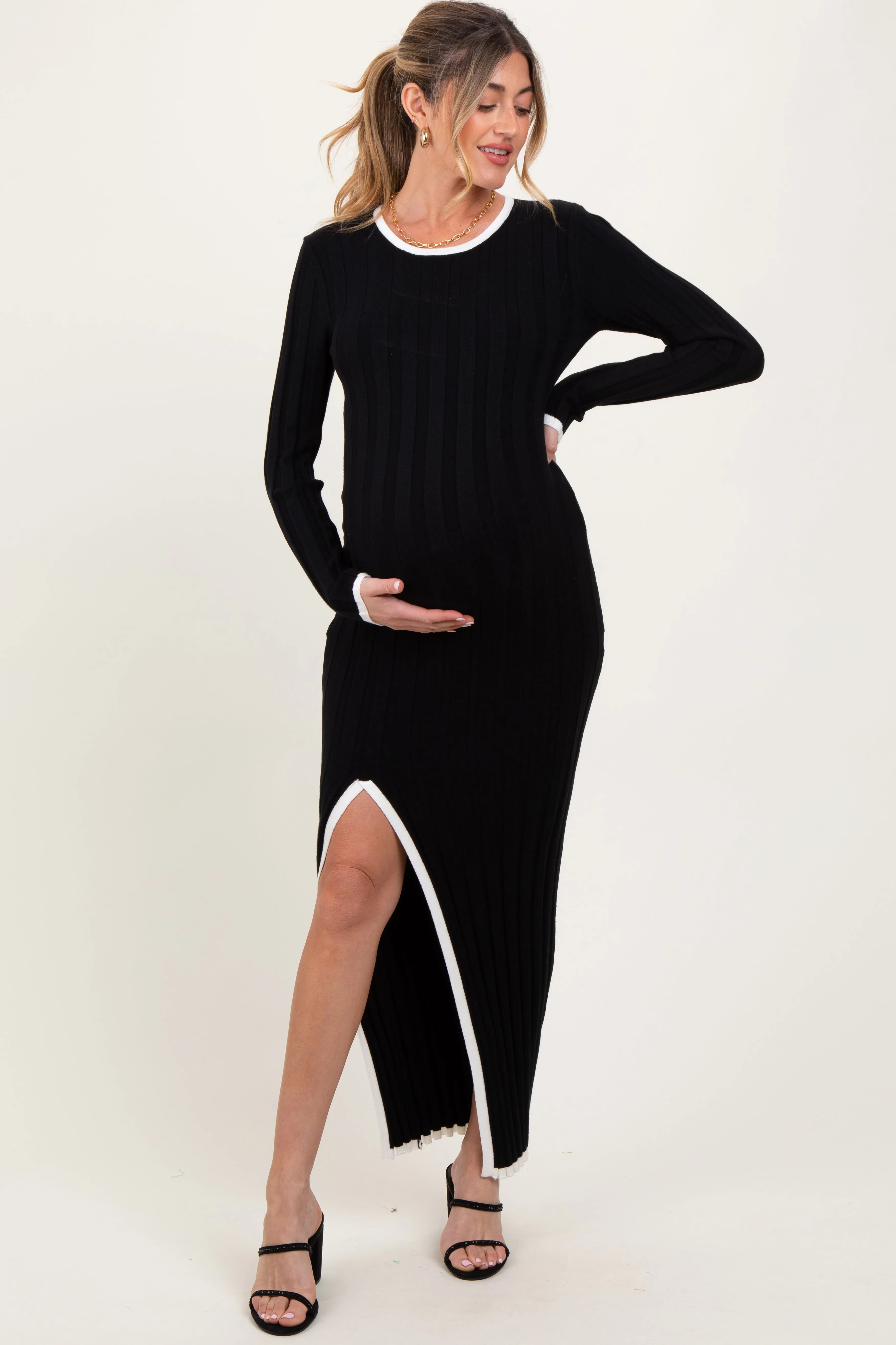 Black Wide Ribbed Knit Side Slit Maternity Maxi Dress sold by Pinkblush