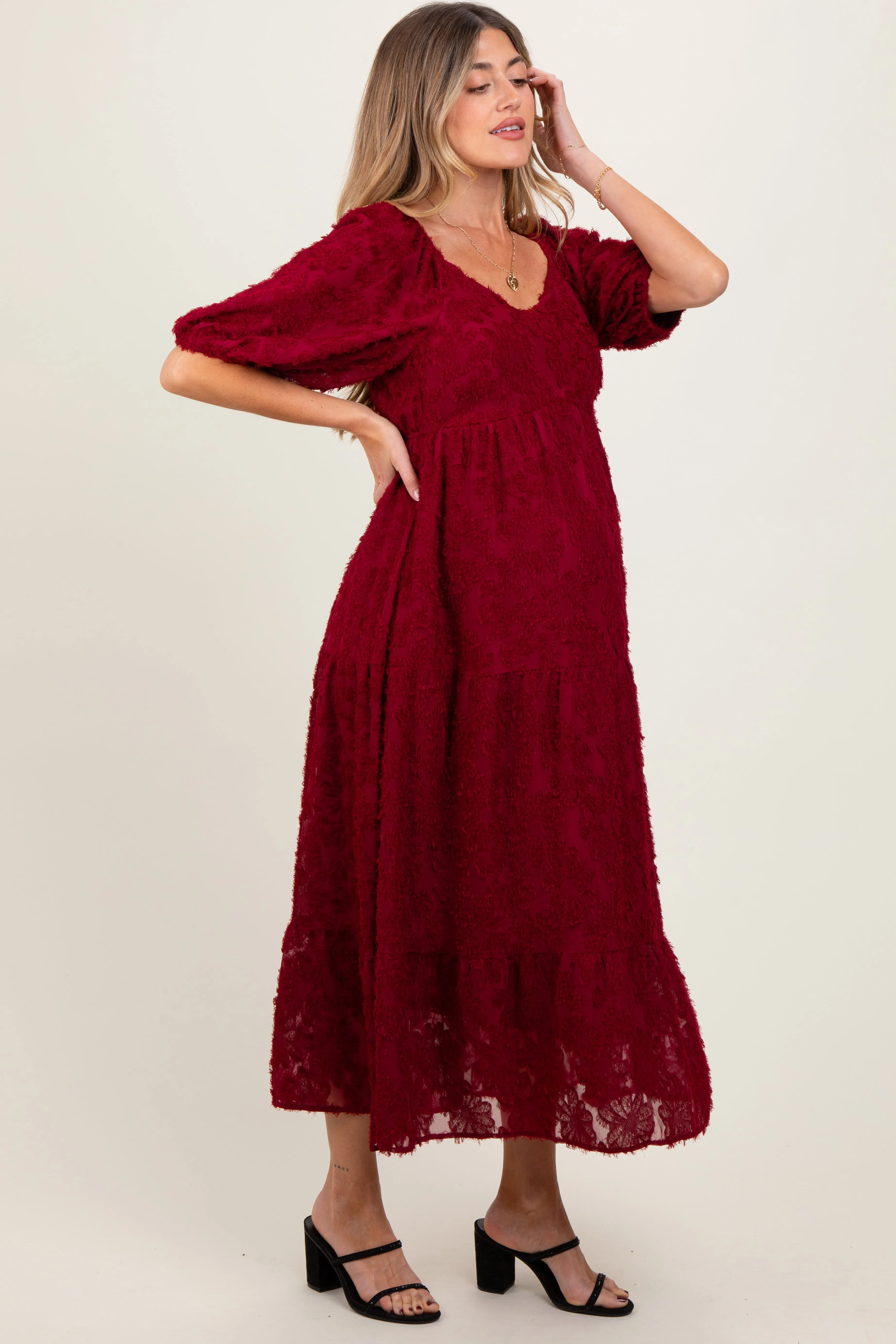 Burgundy Textured Tiered Maternity Midi Dress sold by Pinkblush product image thumbnail 3