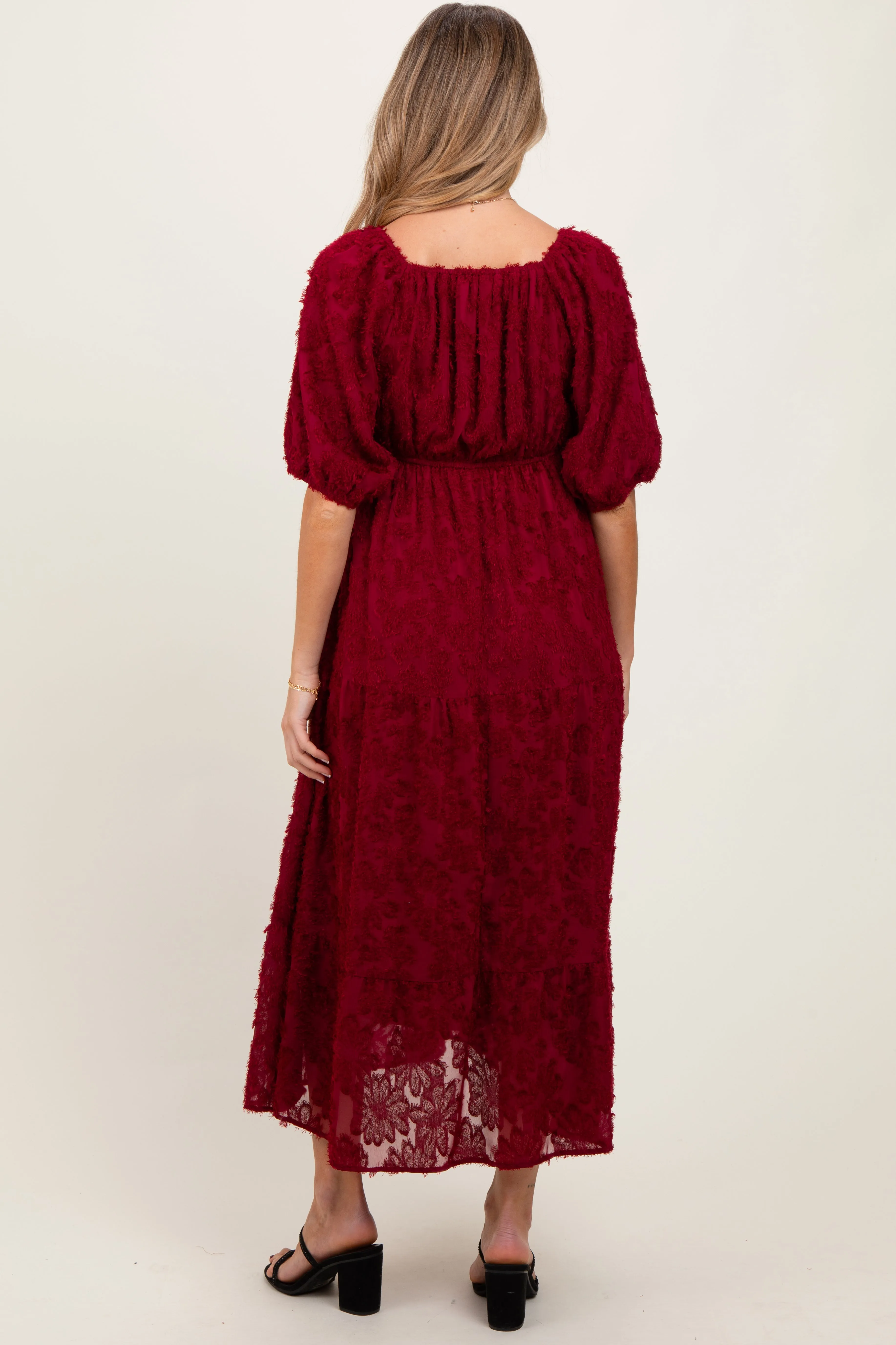 Burgundy Textured Tiered Maternity Midi Dress sold by Pinkblush product image thumbnail 4