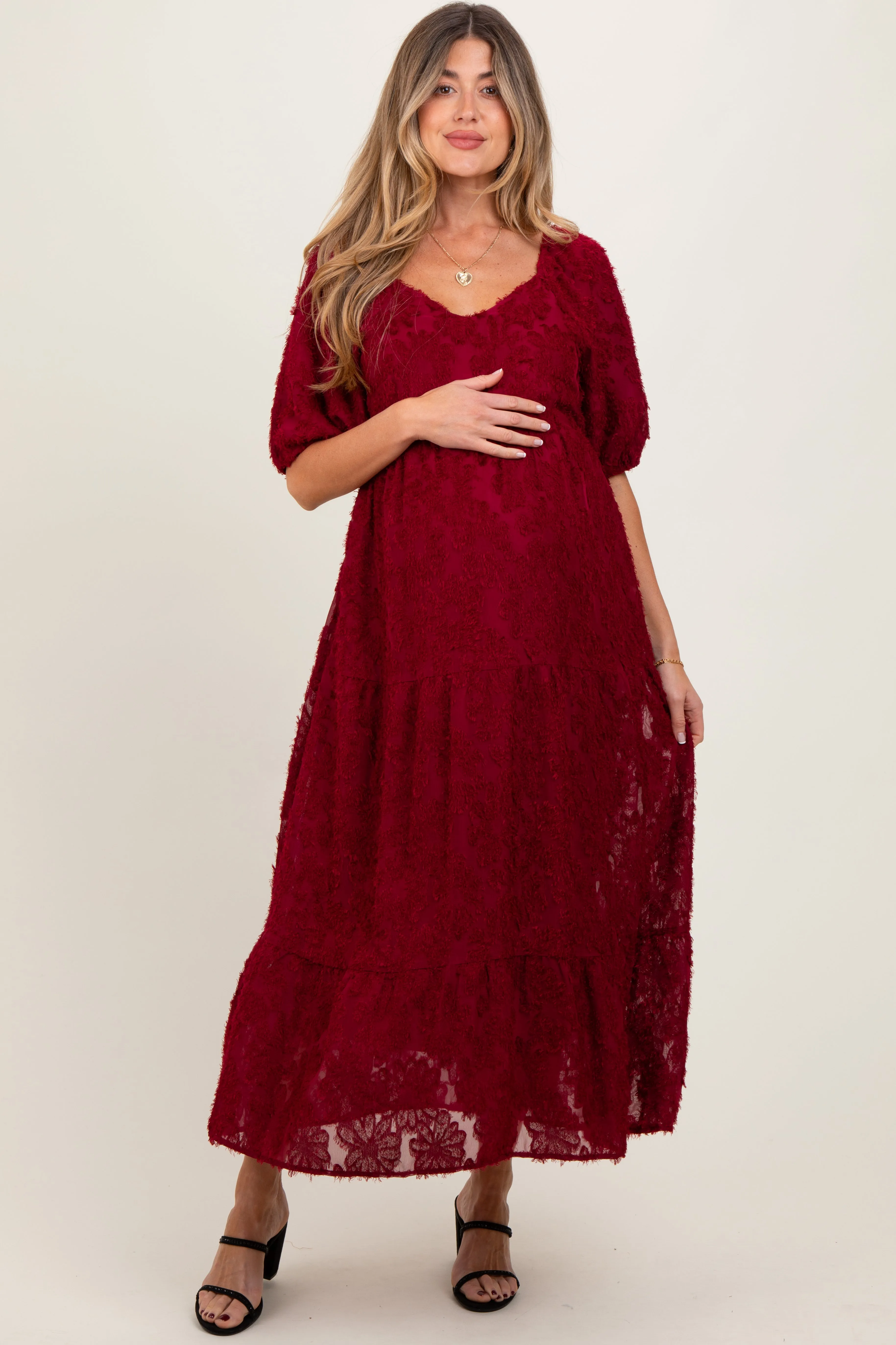 Burgundy Textured Tiered Maternity Midi Dress sold by Pinkblush