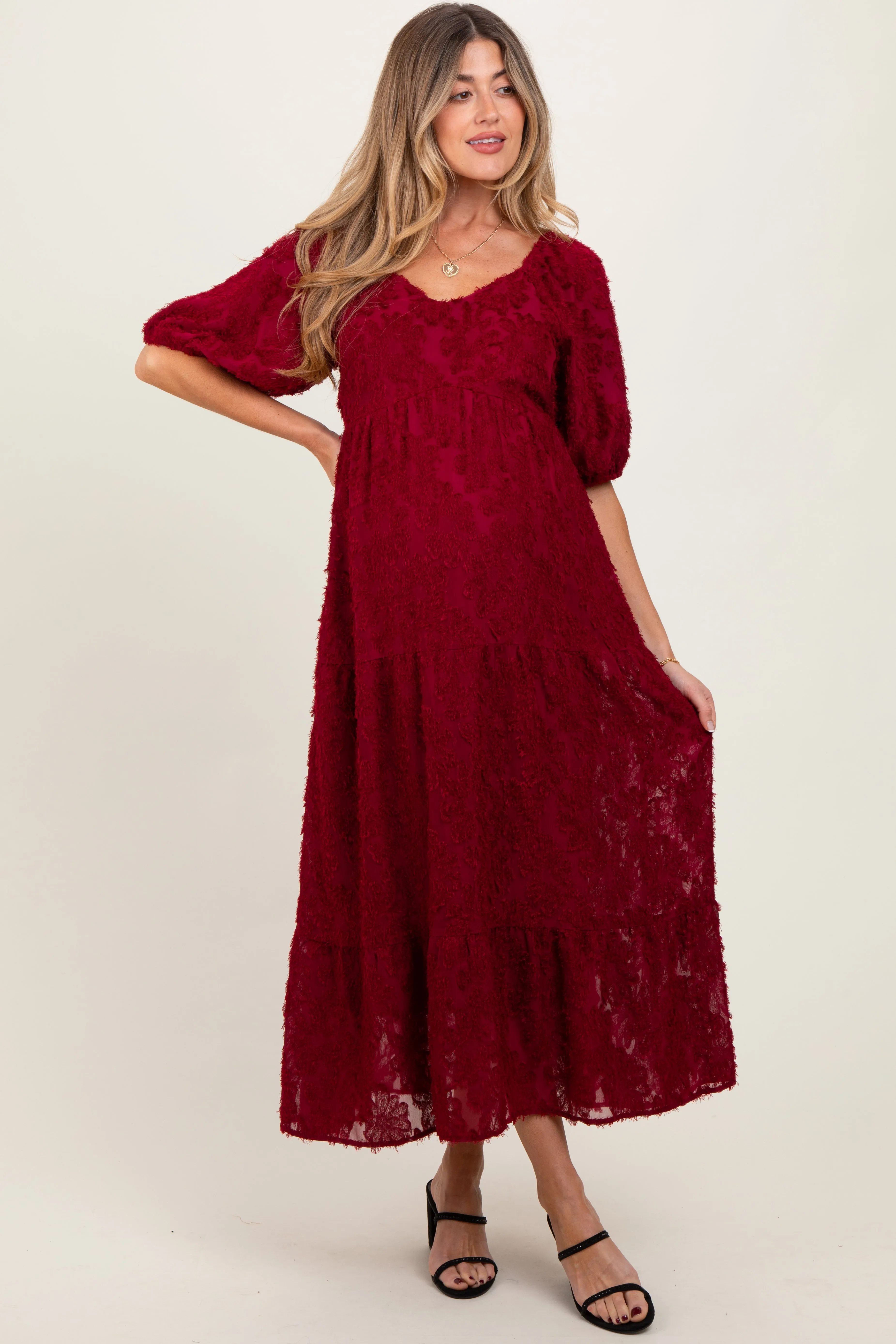 Burgundy Textured Tiered Maternity Midi Dress sold by Pinkblush product image thumbnail 2