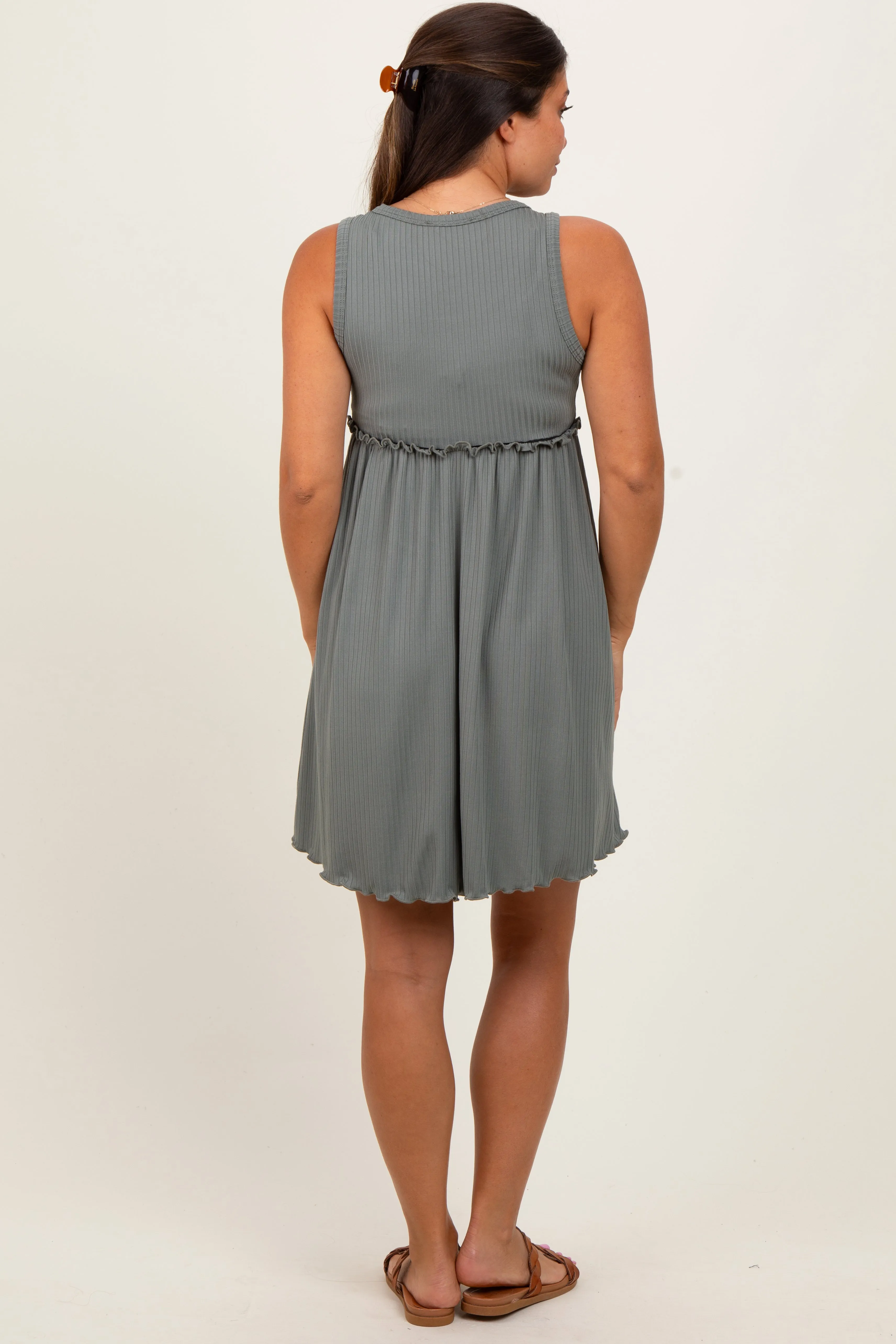 Olive Ribbed Sleeveless Lettuce Trim Maternity Mini Dress sold by Pinkblush product image thumbnail 4