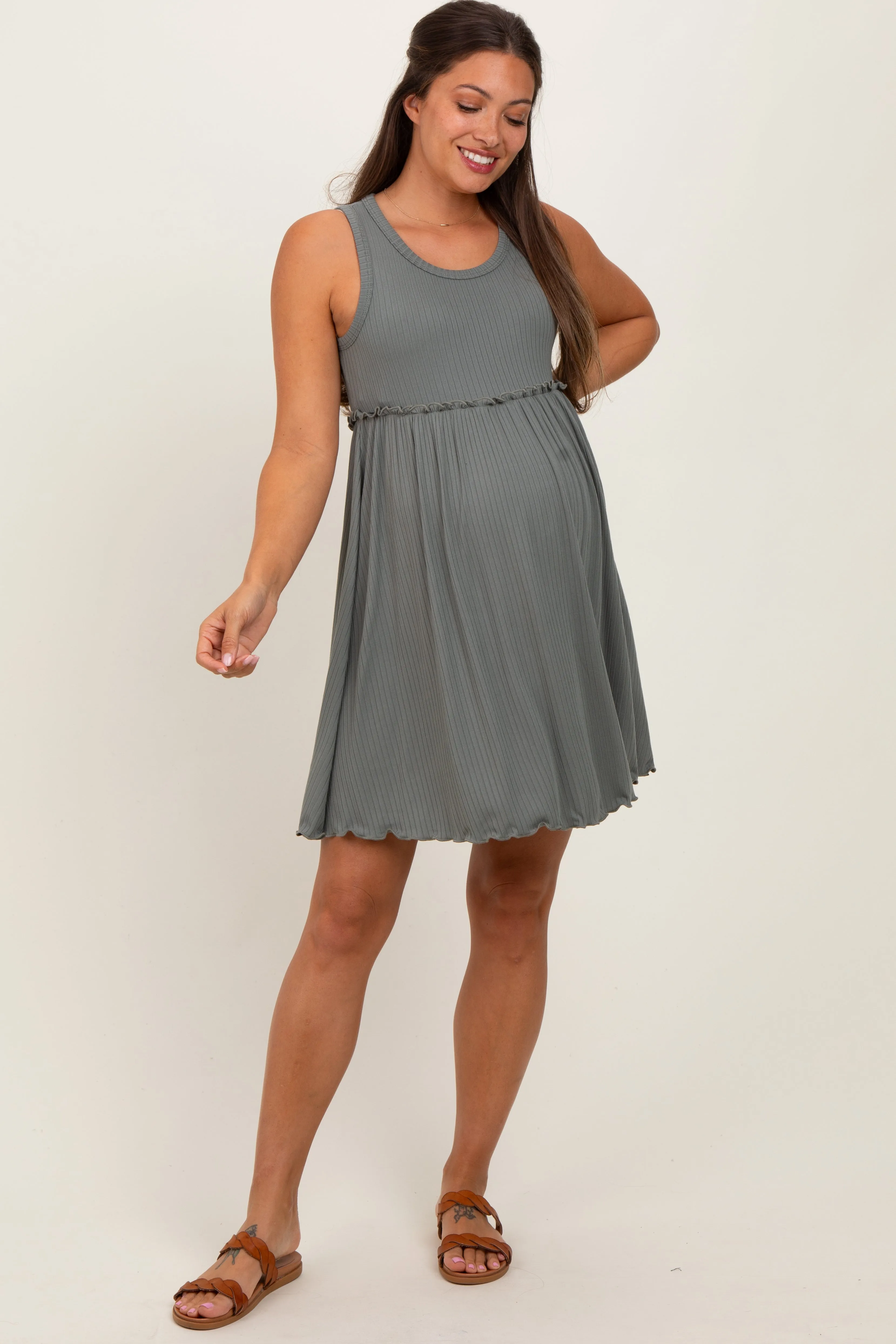 Olive Ribbed Sleeveless Lettuce Trim Maternity Mini Dress sold by Pinkblush