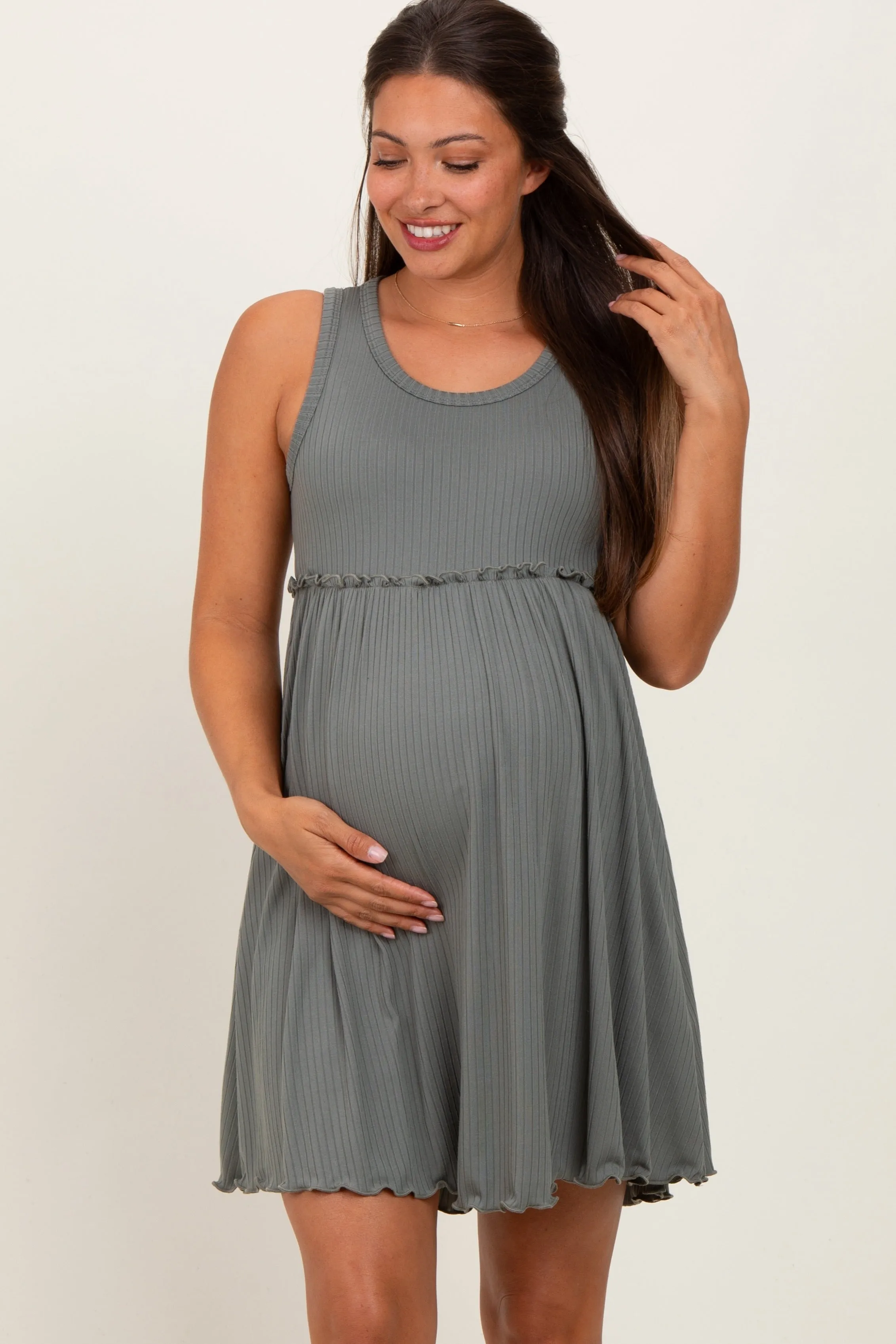 Olive Ribbed Sleeveless Lettuce Trim Maternity Mini Dress sold by Pinkblush product image thumbnail 2