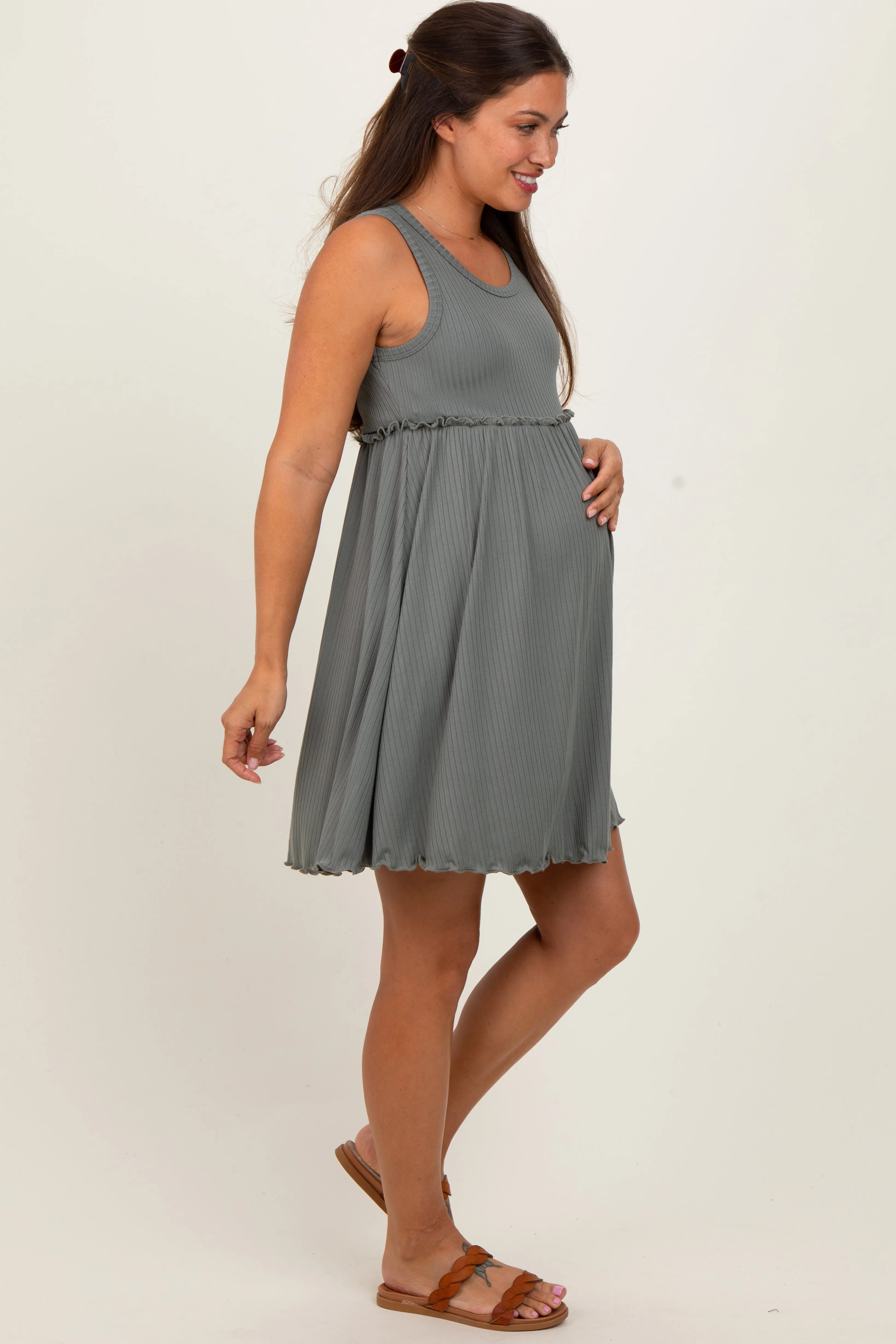 Olive Ribbed Sleeveless Lettuce Trim Maternity Mini Dress sold by Pinkblush product image thumbnail 3
