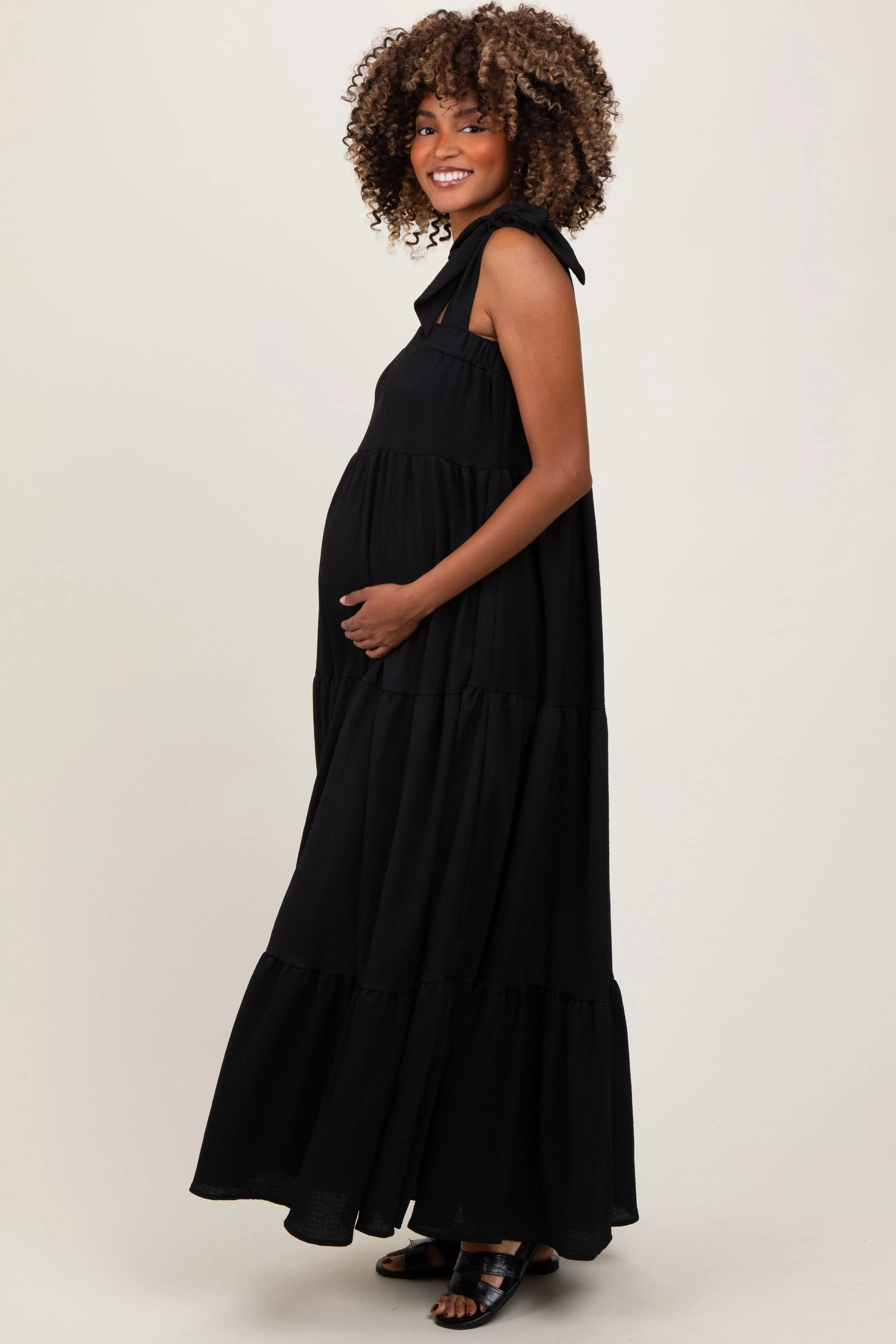 Black Shoulder Tie Tiered Maternity Maxi Dress sold by Pinkblush product image thumbnail 2