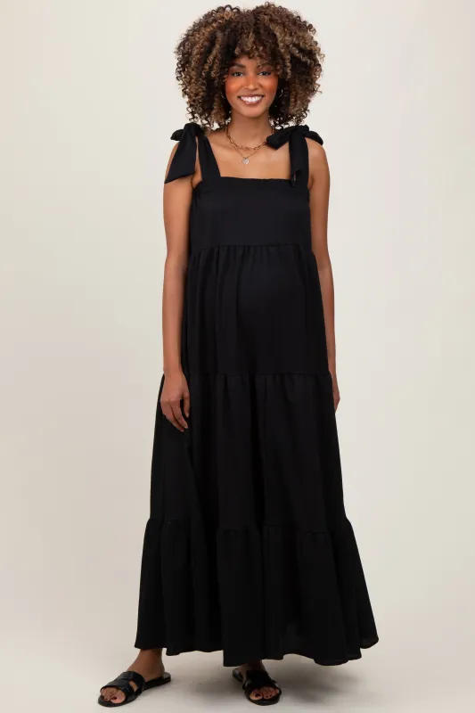 Black Shoulder Tie Tiered Maternity Maxi Dress sold by Pinkblush
