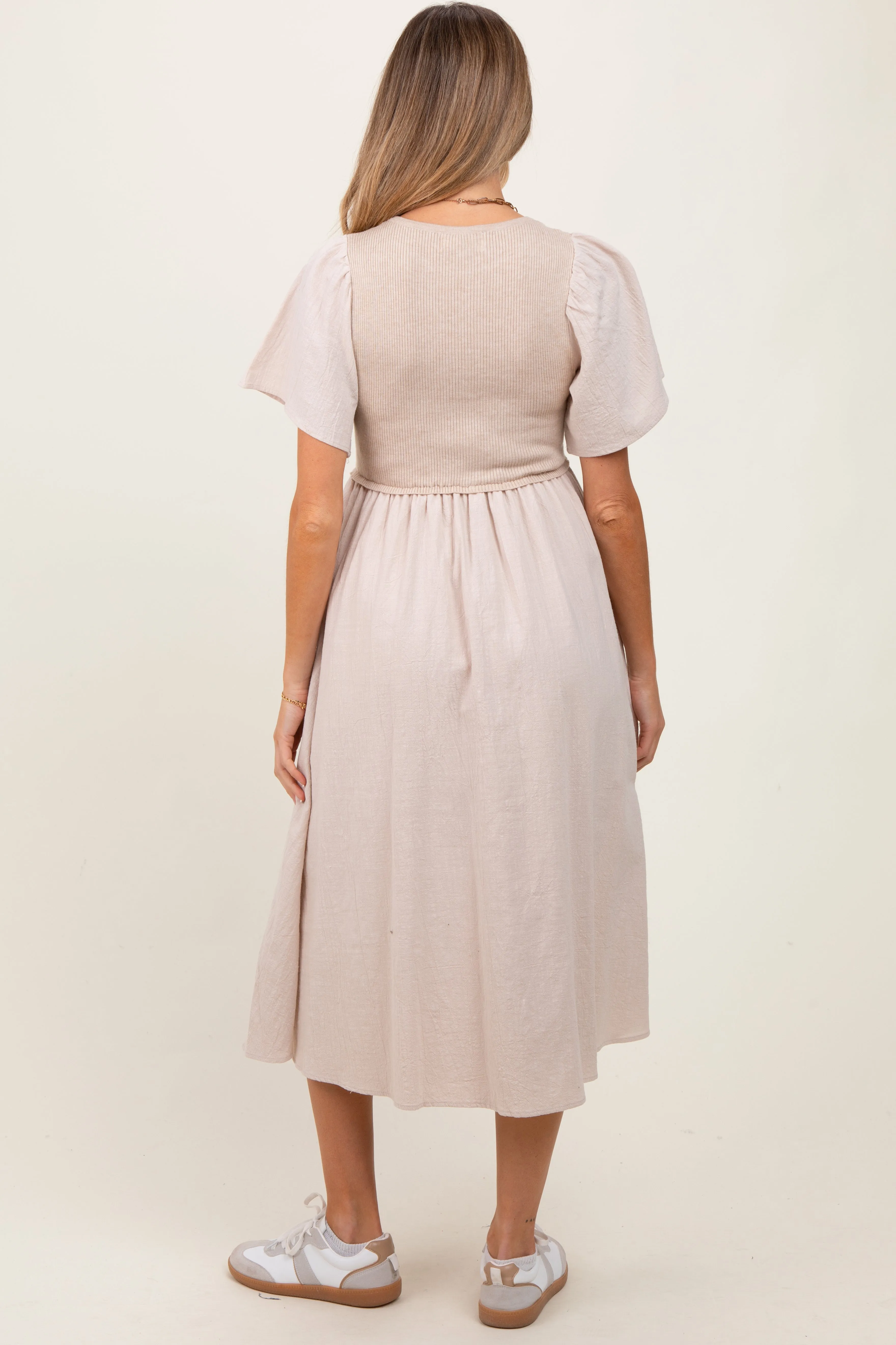 Beige Ribbed Knit Contrast Top Maternity Midi Dress sold by Pinkblush product image thumbnail 3