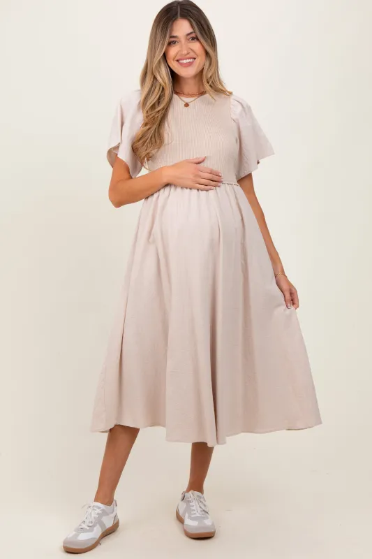Beige Ribbed Knit Contrast Top Maternity Midi Dress sold by Pinkblush